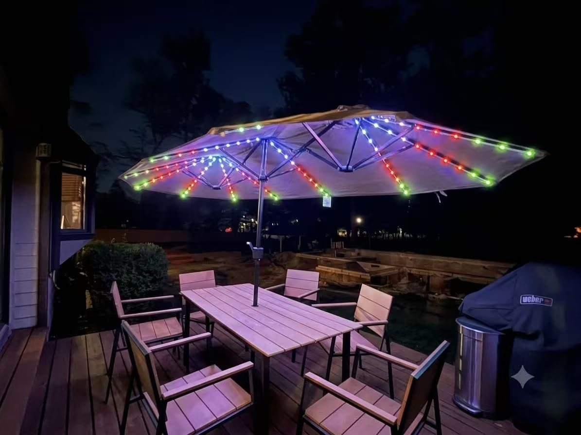 PHI VILLA 13ft Patio Umbrella w/ 120 PCS Color Changing Solar Lights, Navy - Outdoor Triple-Head Large Rectangle/Rectangular Solar-powered Market Table Umbrellas, w/ Crank Lift, for Poolside (No base) customer photo 2