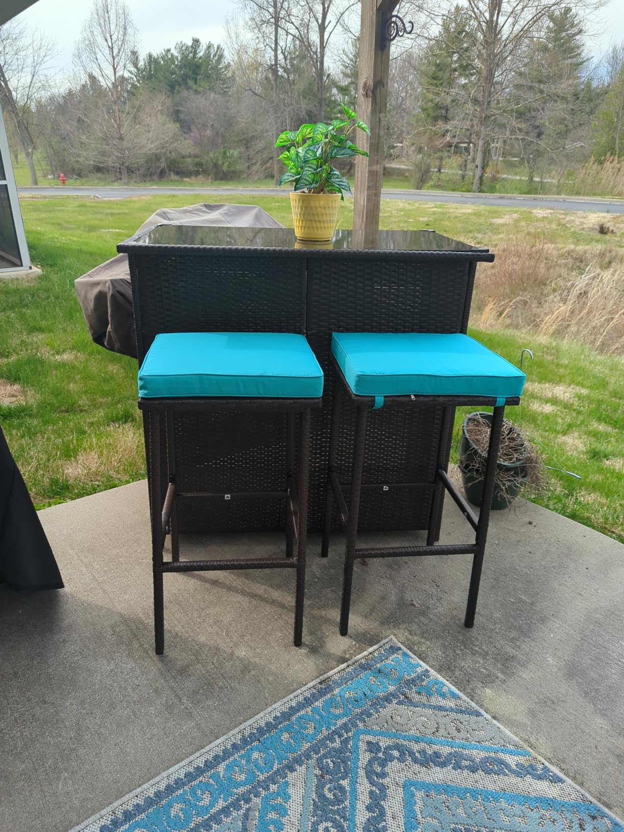 PayLessHere Rattan Bar Set 3Pcs Patio Wicker Bistro Set Sturdy Frame Bar Height Table with Glass Table Top Storage Shelves 2 Bar Stools for Patio Poolside Porch Outdoor Indoor, Khaki customer photo 1