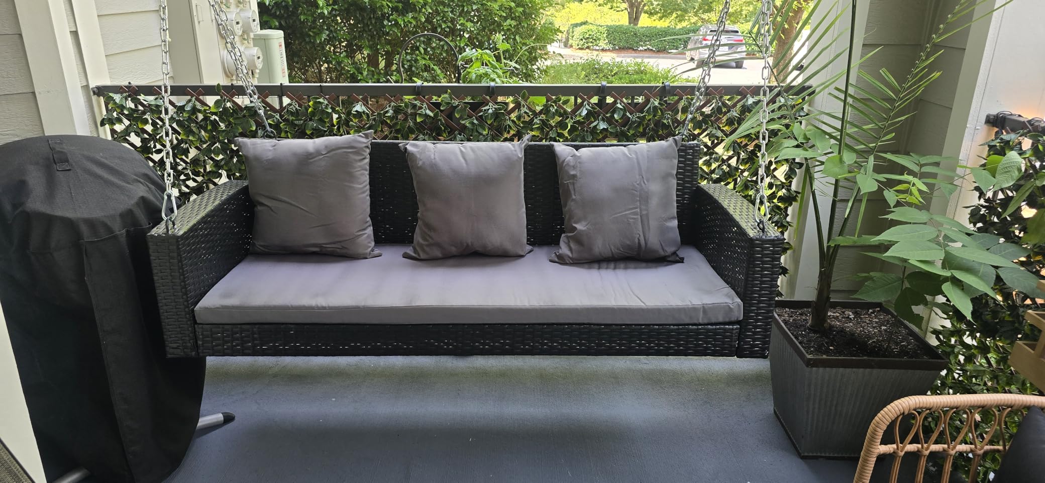 Outvita 5FT Wicker 3 Person Porch Swing with Cushions, Pillows and Chains | Hanging outdoor swing supports 1000 lbs, comfortable seating for garden & backyard customer photo 2
