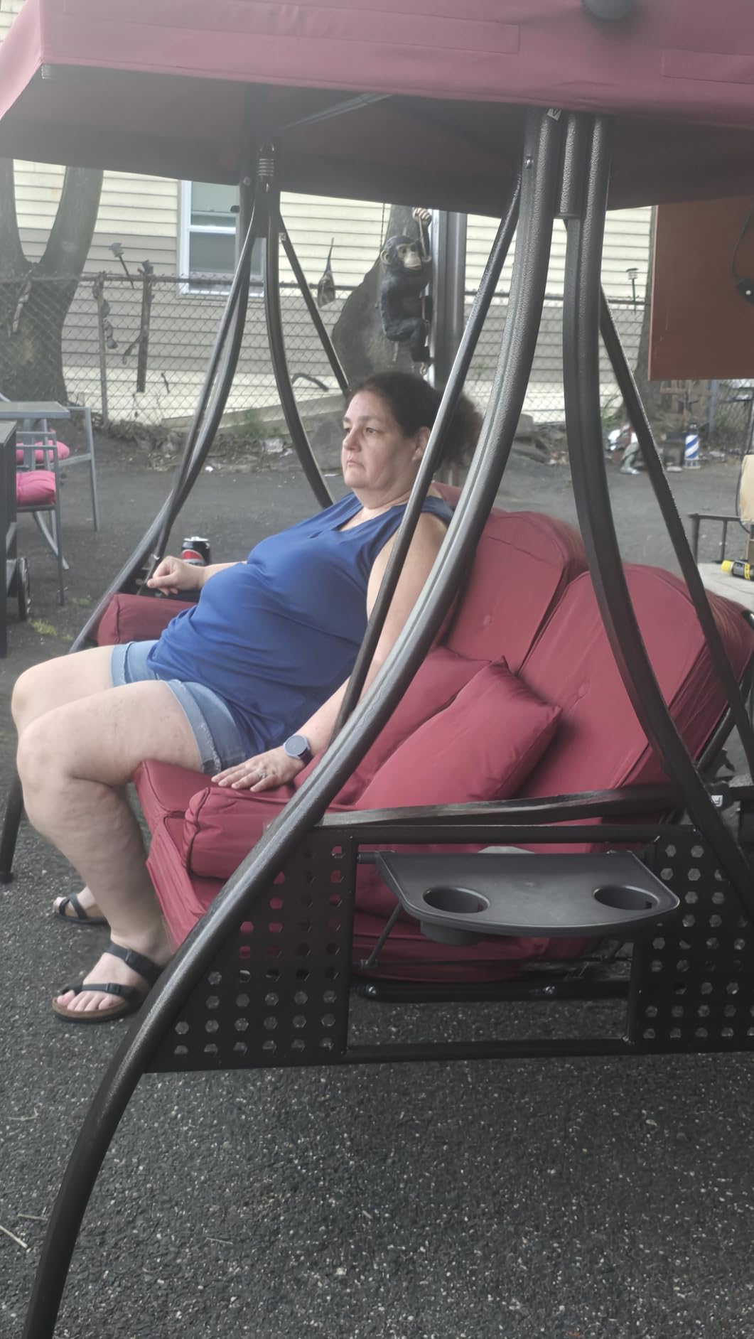 3 in 1 Outdoor Porch Swing with Adjustable Canopy, 3 Seat Outdoor Swing for Adults, Patio Swing Chair with Thickened Cushions, Pillows & Cup Holders for Backyard, Porch, Garden (Wine Red) customer photo 2
