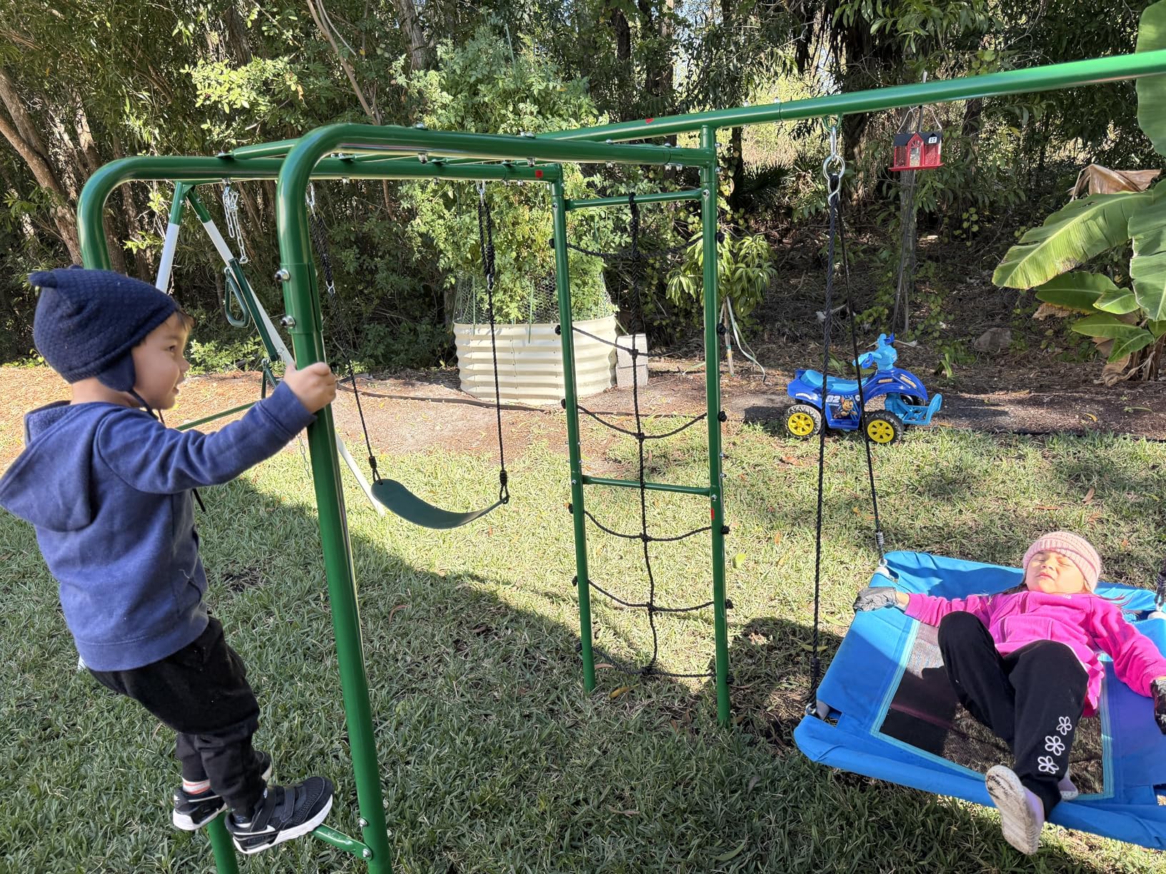 Hapfan Swing Sets for Backyard with Monkey Bars, 5 in 1 Playground Set - Monkey Bars, Belt Swing, Platform Swing, Climbing Net, Trapeze Bar (White & Green) customer photo 1
