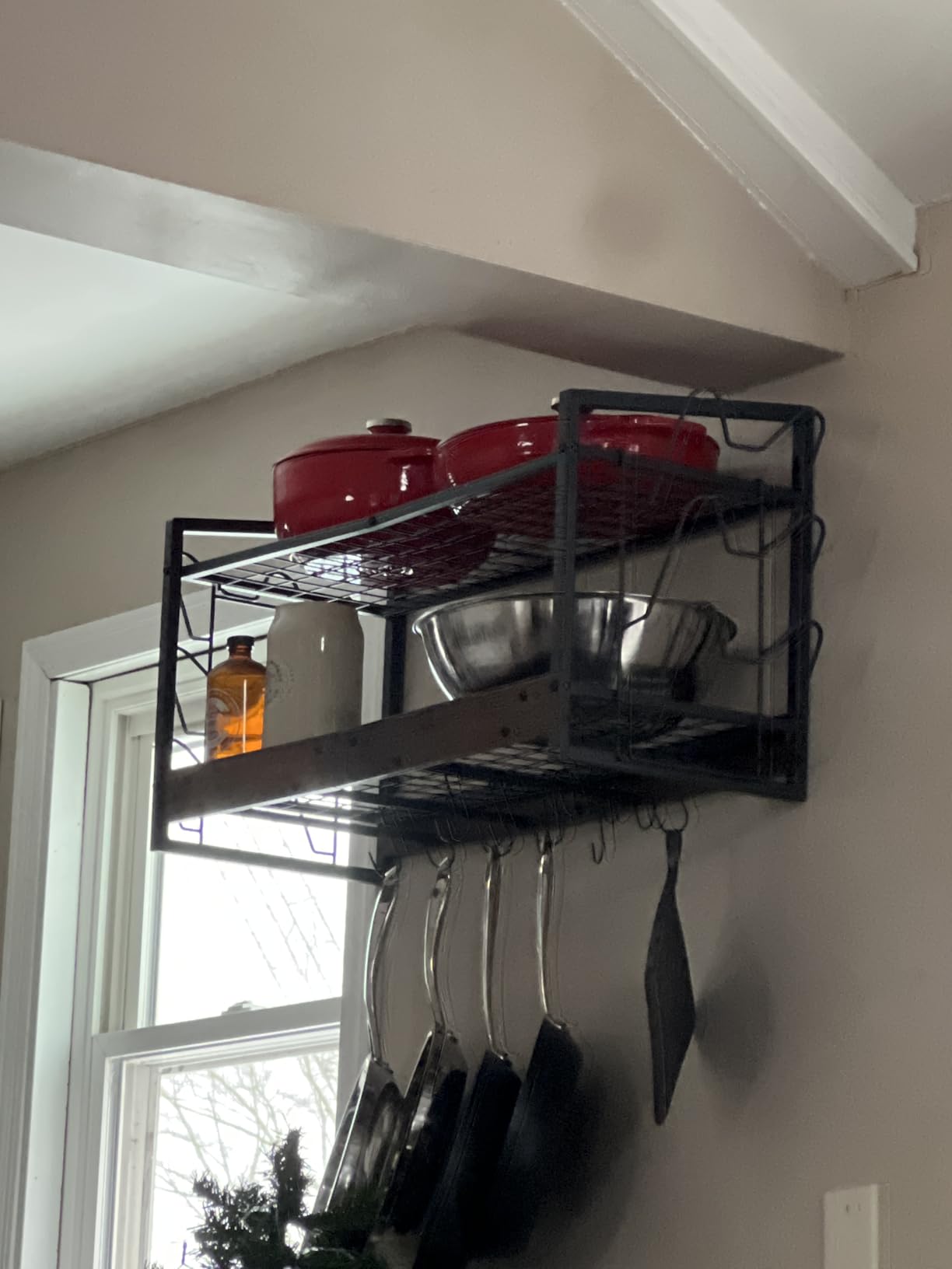 CHOEZON Hanging Pot Rack, Pot Rack Wall Mounted, 2-Tier Kitchen Pot and Lid Organizer, Wall-Mounted Pot Rack with 12 Hooks, for Kitchen Storage of Pots, Pans, Utensils, Rustic Brown TPR02BF customer photo 2