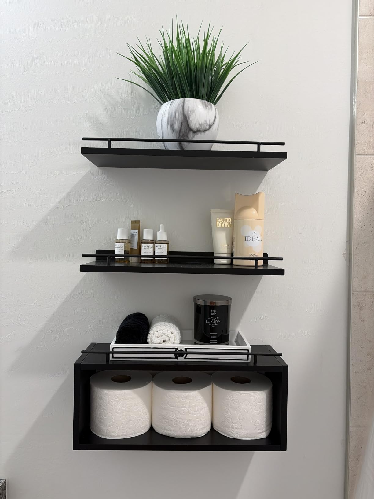 WOPITUES Floating Shelves for Wall with Cube Shelf, Wall Shelves with Metal Rail for Bathroom Decor, Bathroom Organizers and Storage, Over Toilet Shelves for Toilet Paper-Black customer photo 2