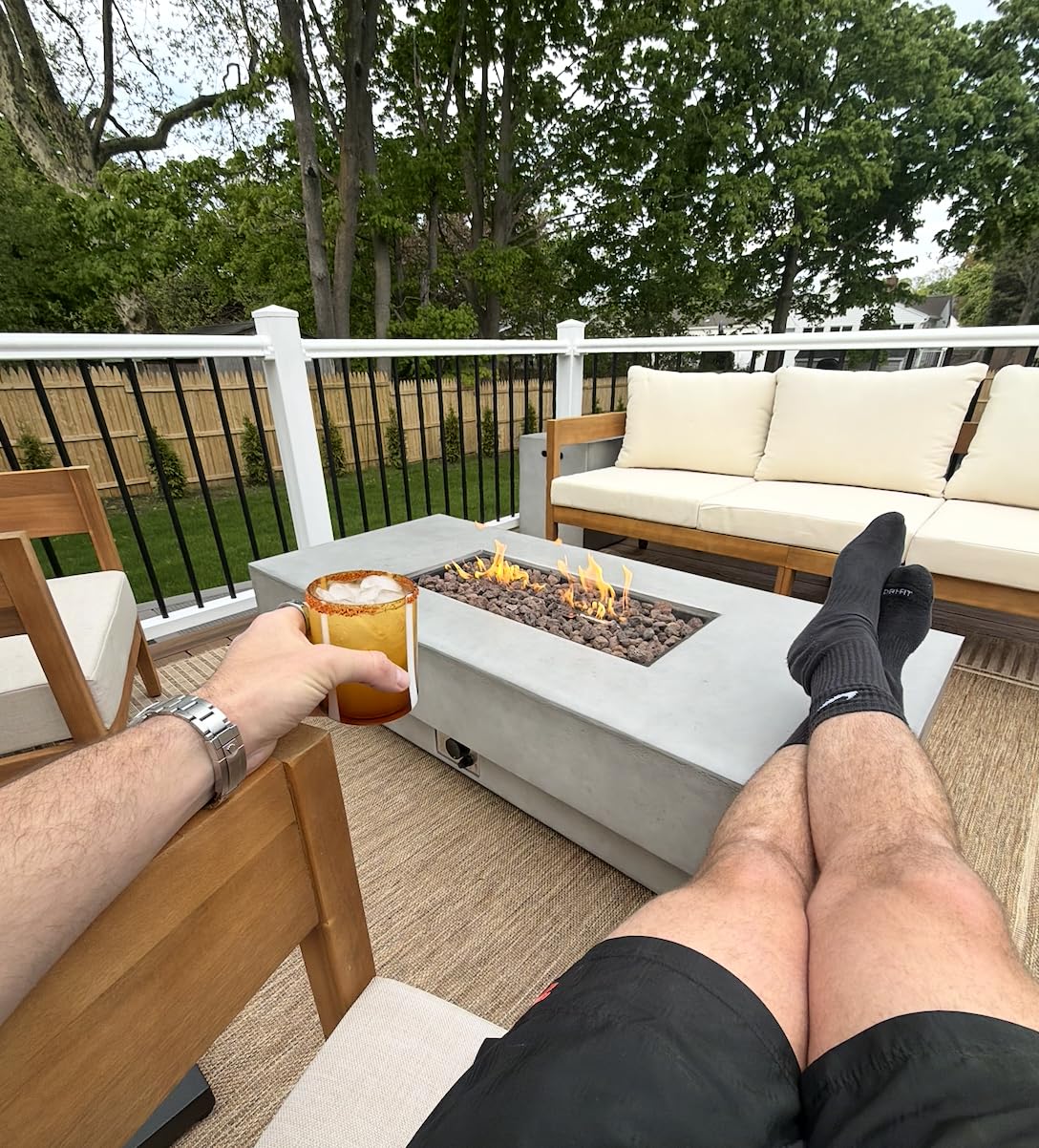 60-inch Outdoor Propane Fire Pit Coffee Table with Tank Cover, 50,000 BTU Concrete Rectangle Modern Outside Fire Table, Auto-Ignition, Included Lava Rocks, Metal Lid & Waterproof Cover customer photo 2