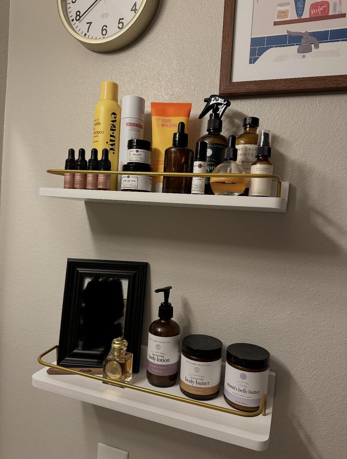 Forbena Gold Floating Shelves for Wall Decor Set of 3, Bathroom Shelves Over Toilet, Modern Display Wall Shelf with Guard Rail for Living Room Bedroom Organizers and Storage - White and Gold customer photo 2