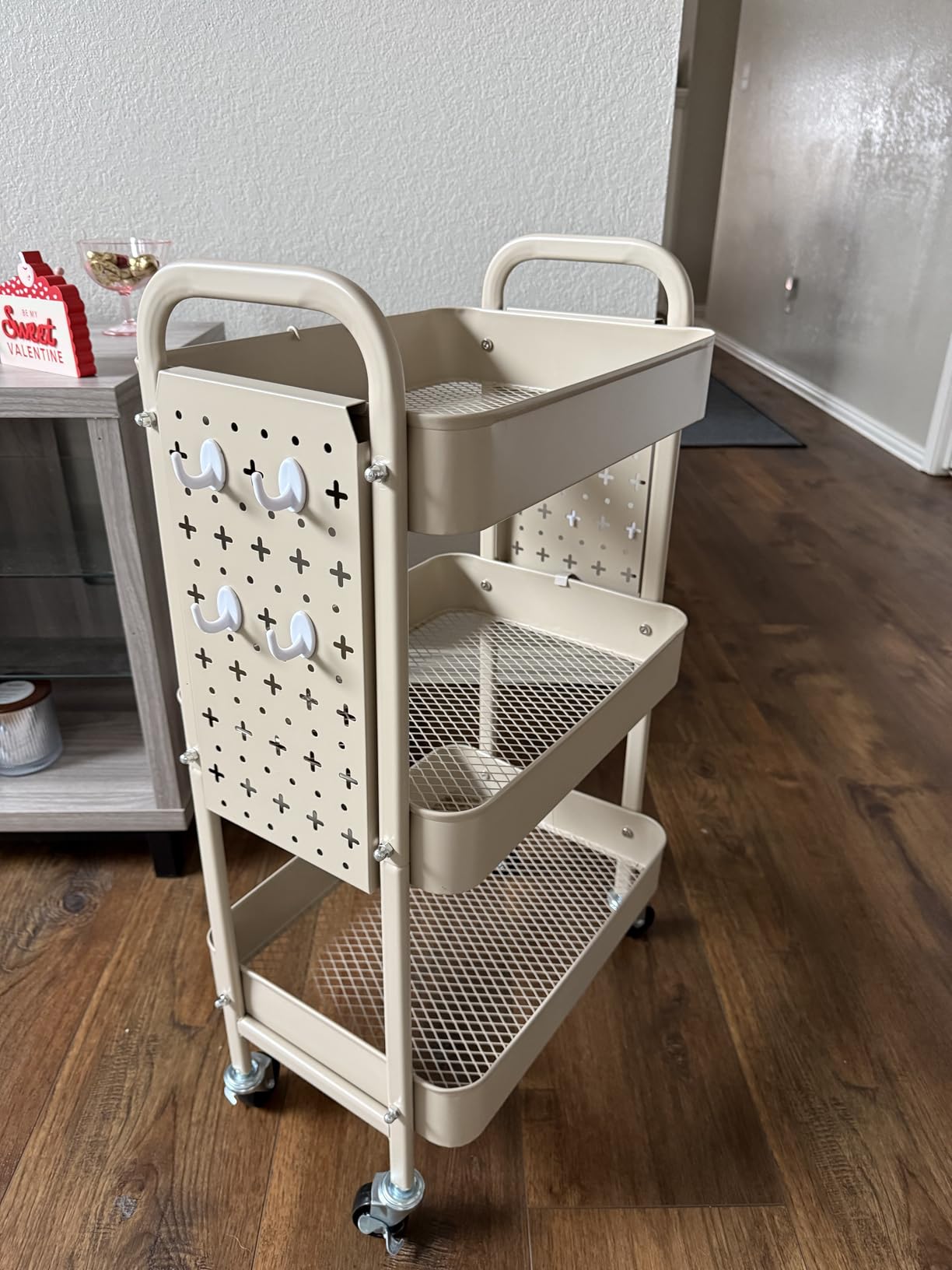 ALVOROG 3 Tier Rolling Cart with DIY Pegboards Metal Utility Cart with Wheels Handles Baskets Hooks, Craft Cart for Office Kitchen Bathroom, Khaki customer photo 2