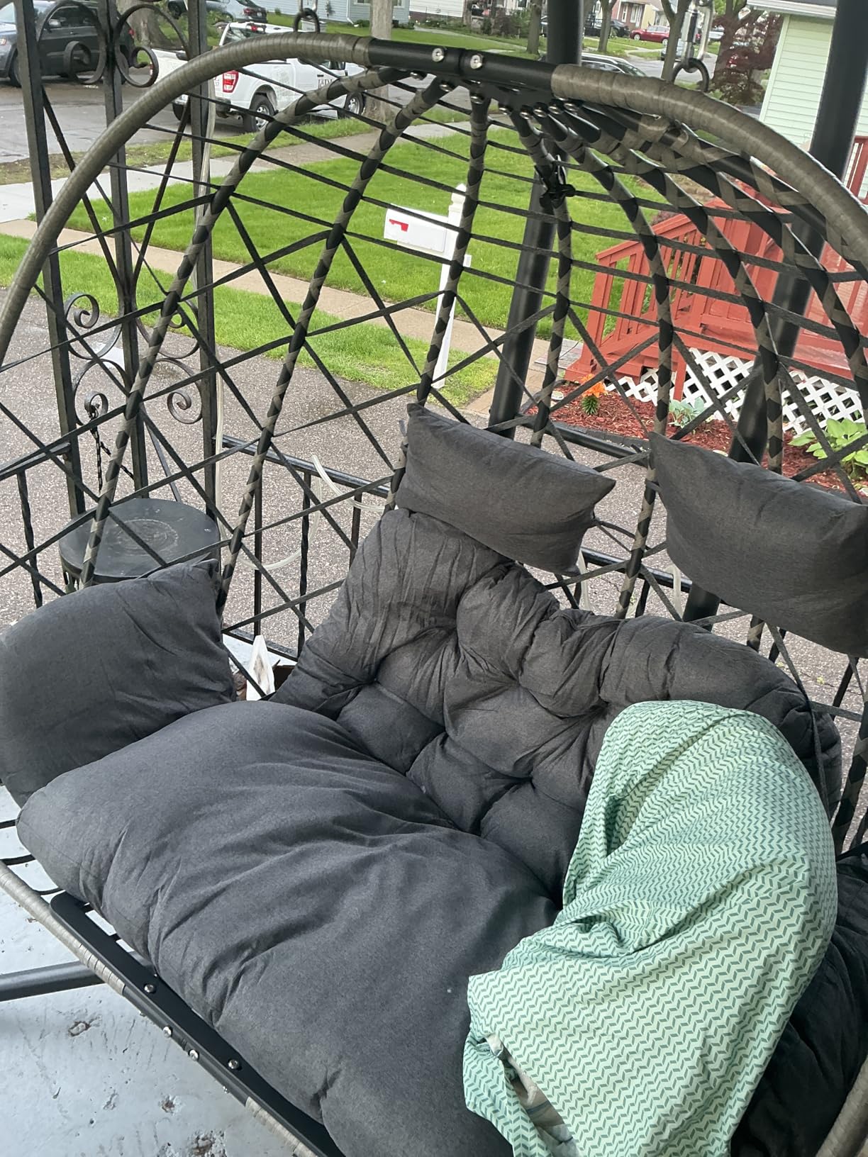 SWITTE Double Egg Swing Chair with Stand, Outdoor Patio 2 Person Hanging Wicker Hammock Chairs with Cushion for Indoor Bedroom, Lawn, Garden-Dark Grey customer photo 2