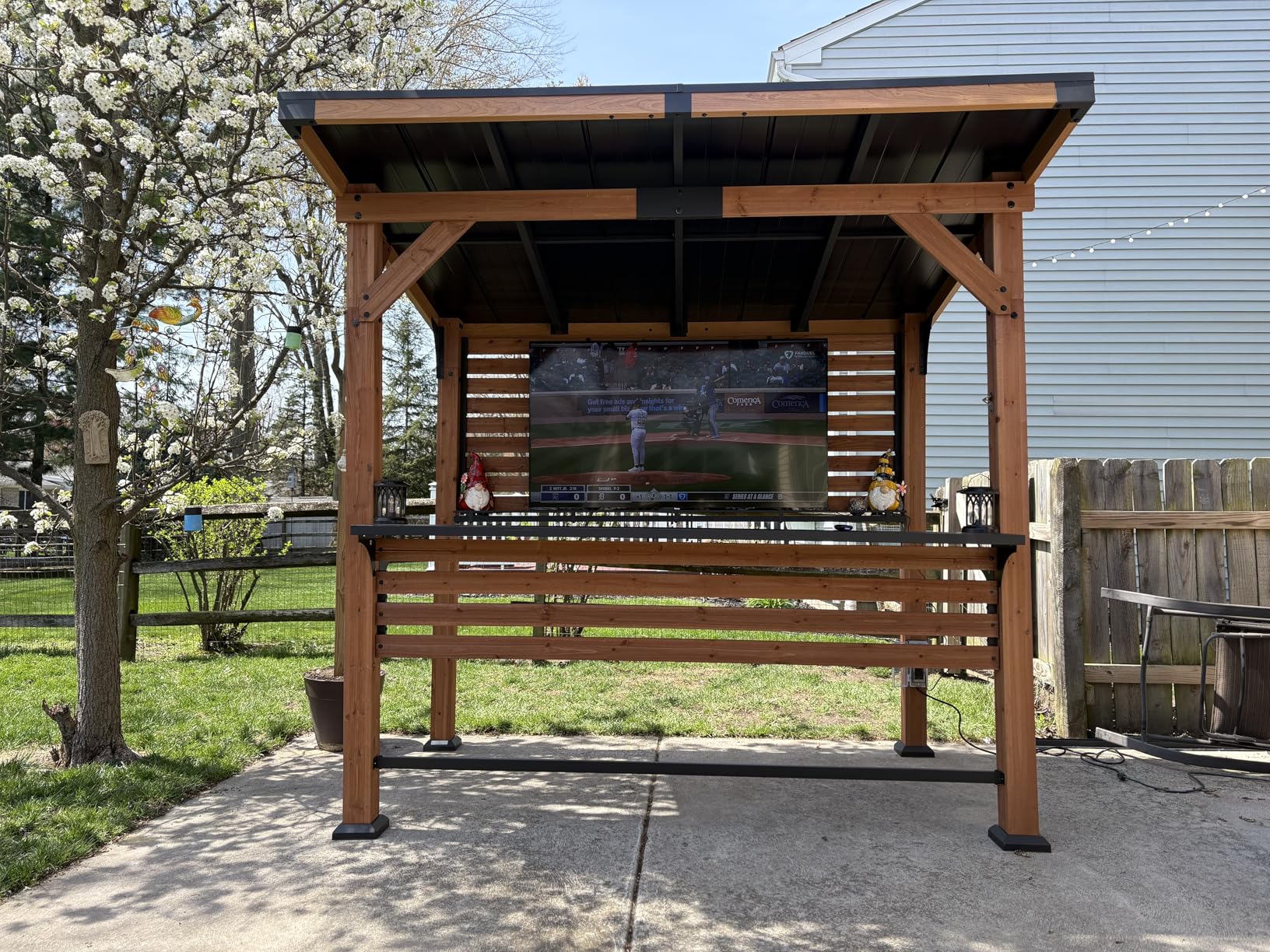 Modern Shade Outdoor Bar Gazebo with USB Charging Power Strip & TV Mount | Patio Bar with Shelves & Paper Towel Holder, Wood Grill Gazebo with Bottle Opener, Galvanized Steel Sloped Roof for Patio customer photo 2