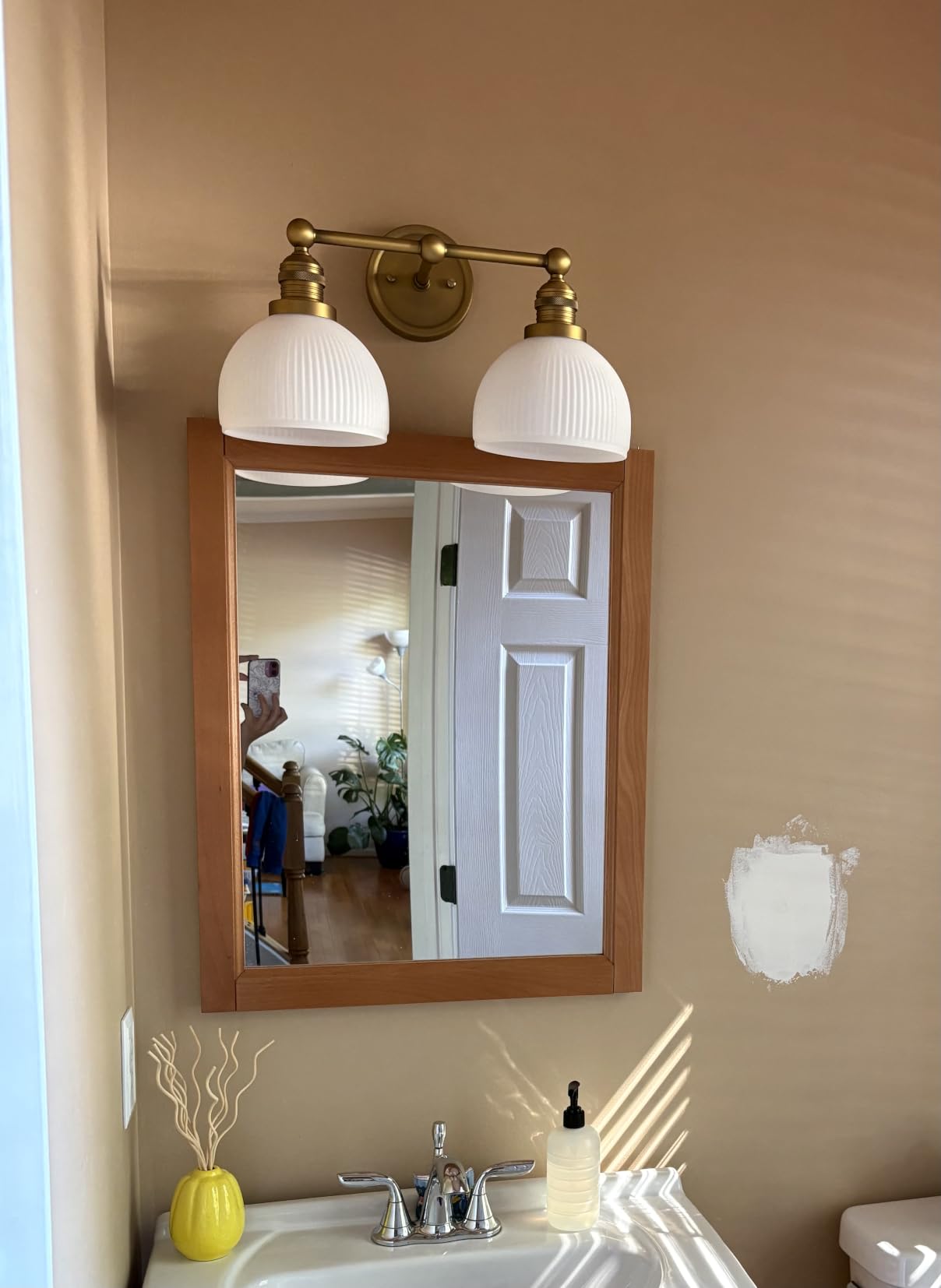 2-Light Gold Wall Sconces, Vintage Bathroom Wall Sconce Light with Milk Glass Double Arm Brass Bathroom Vanity Light for Living Room Bedroom Kitchen E26 Hardwire Indoor customer photo 2