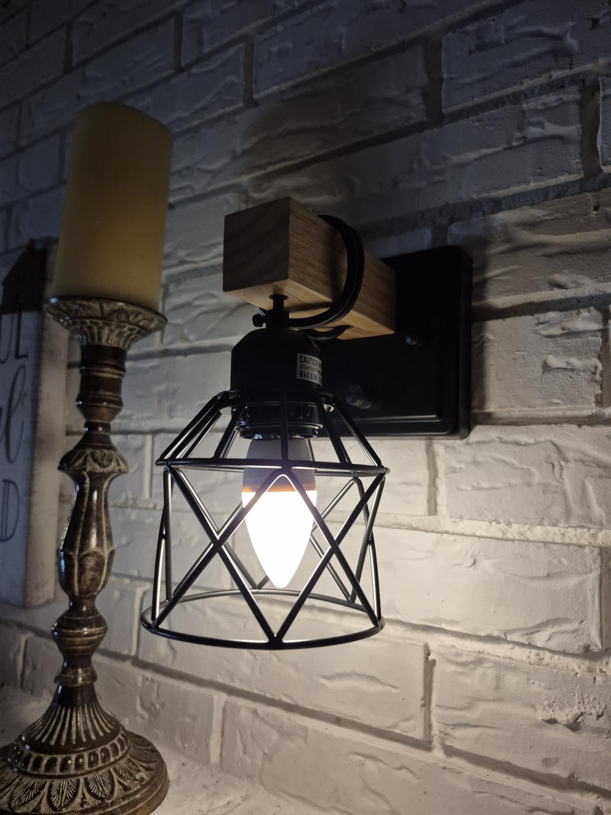 FadimiKoo Dimmable Wall Sconces Set of Two, Bedside Wall Mounted Lamp with Rotary Switch, Wooden Black Bathroom Light Fixtures with Metal Cage, Hardwired Farmhouse Wall Lights for Bedroom, Living Room customer photo 2