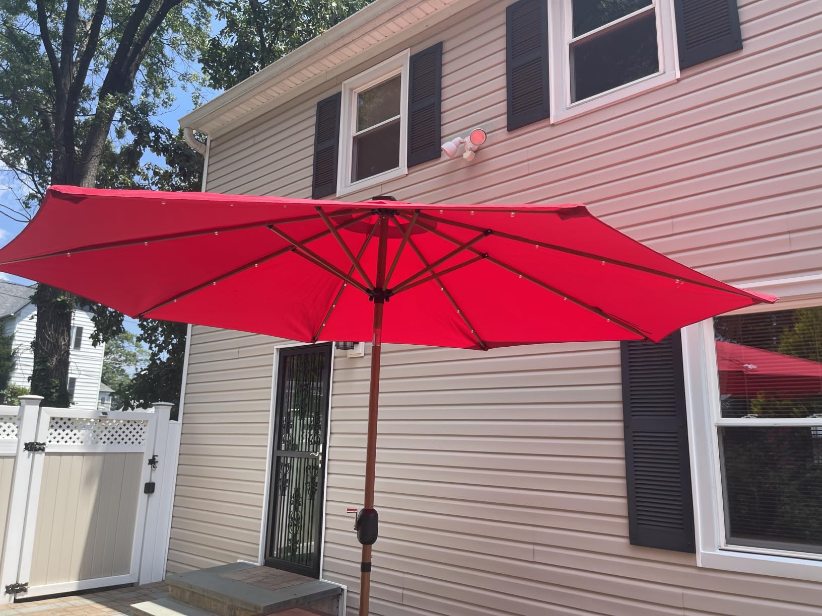 Best Choice Products 10ft Solar Market Patio Umbrella w/Woodgrain Pattern Pole, LED Lights, Tilt & Crank - Outdoor Sun Shade for Backyard Table, Deck, Poolside - Tan customer photo 1