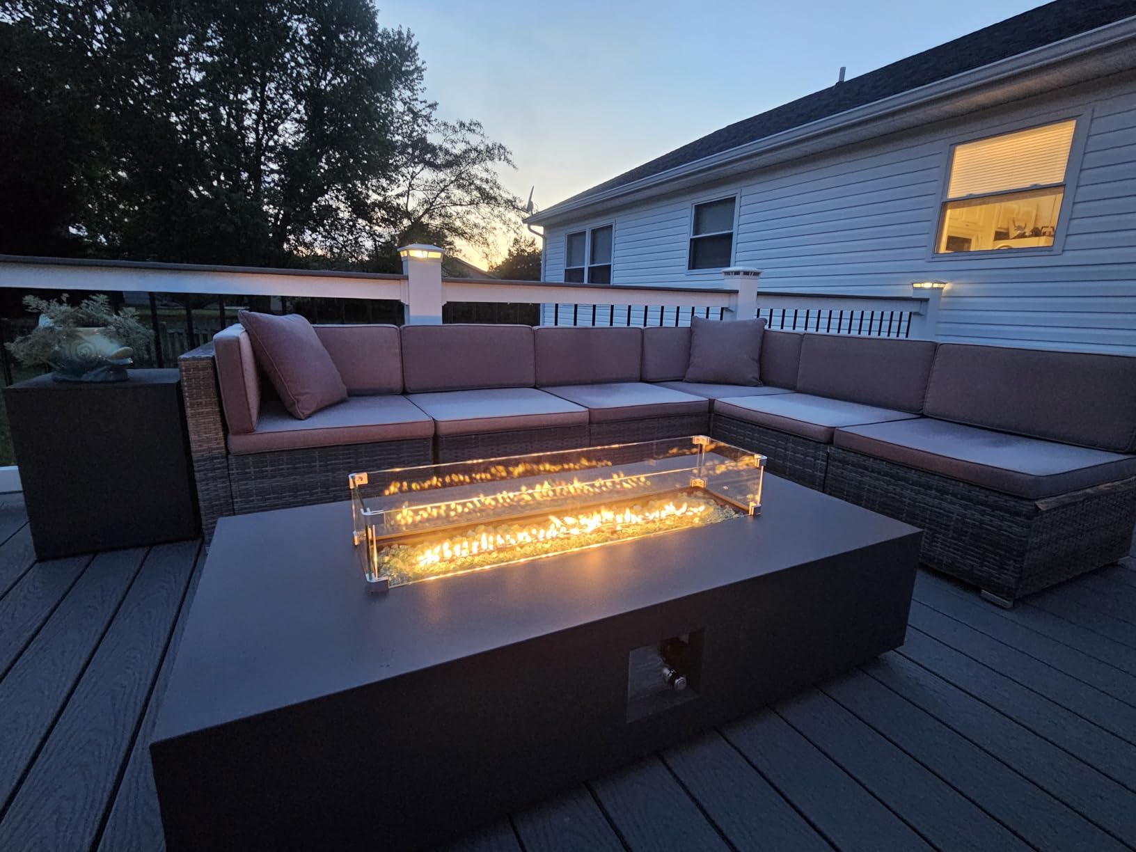 UPHA 42-inch Outdoor Propane Gas Fire Pit Table 50000 BTU Iron Round Firepit for Outside Patio with Tank Hidden Table, Wind Guard, Removable Lid, Blue Glass Rocks, Rain Cover, Grey customer photo 2