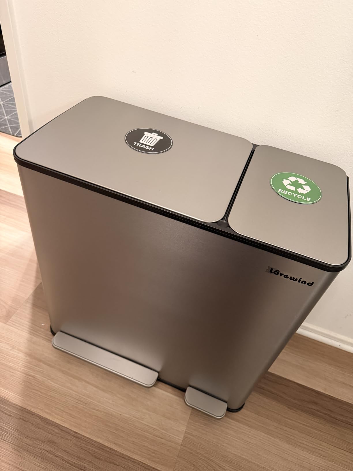 Lovewind Dual Trash and Recycling Bins for Kitchen, 13+6 Gallon Stainless Steel Garbage and Recycle Bin Combo for Large Families, Dual Trash Can with Soft Close Lid & Magnetic Stickers, Silver customer photo 2