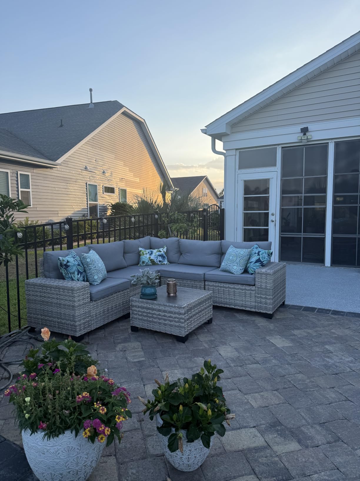 Outdoor Patio Furniture Set PE Wicker Rattan Outdoor Sectional Sofa | Patio Conversation Set with 55,000 BTU Fire Pit Table & Rocking Swivel Chair, Coffee Table & Thickened Cushions, Beige customer photo 1