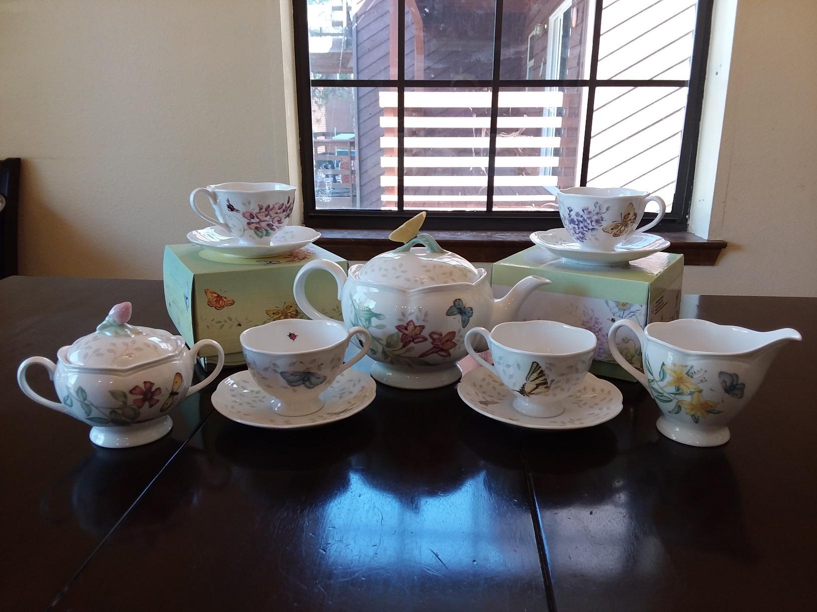 Lenox Butterfly Meadow Porcelain Teapot and Tea Cup Set, 9-Piece, 48oz | dishwasher safe | includes creamer, sugar bowl, 2 teacups, 2 saucers | floral tea party gift | 48oz, gift for women customer photo 1