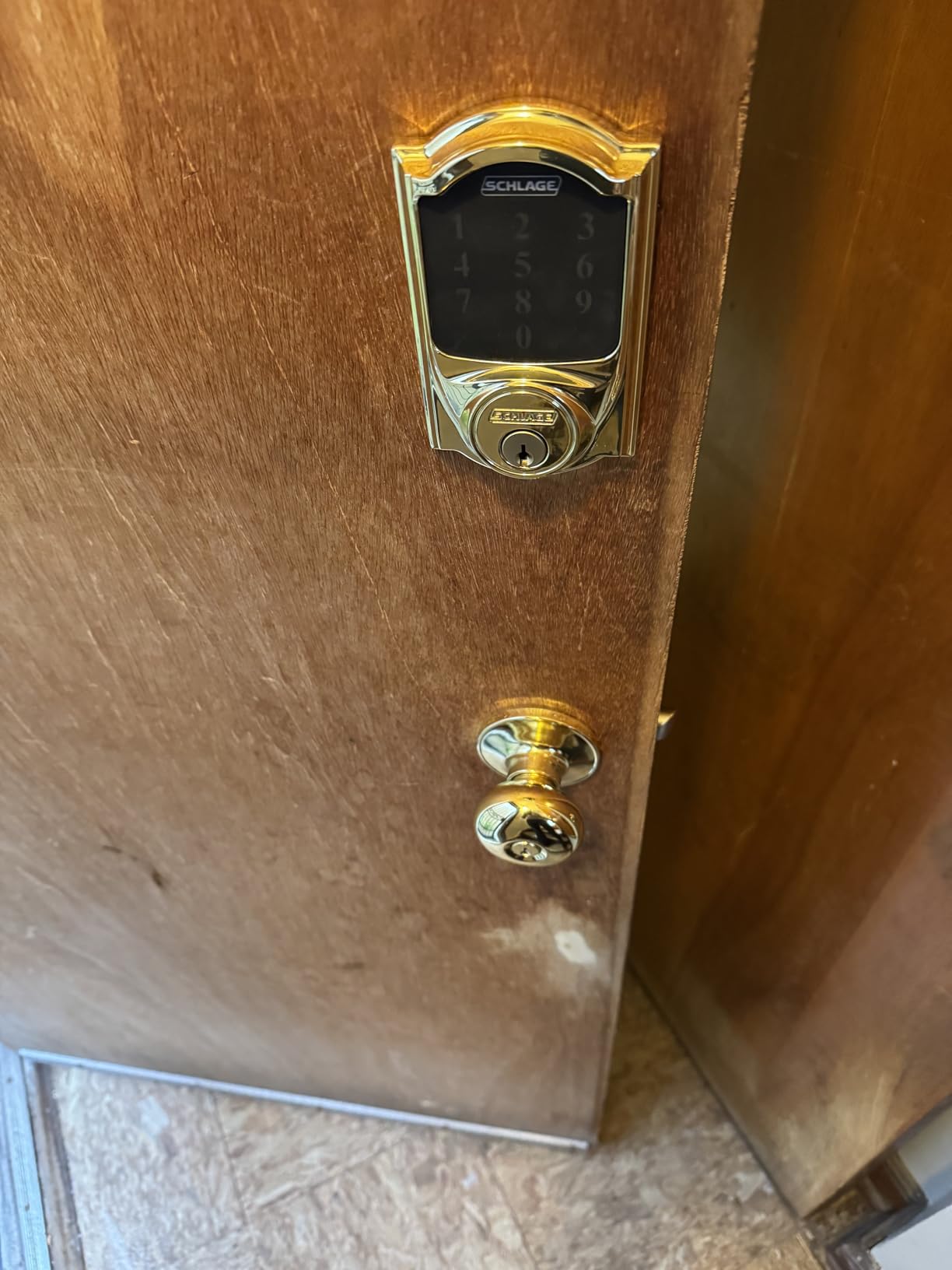 SCHLAGE Lower Half Entry Handleset, Georgian Knob, Aged Bronze | Exterior front door handleset grip with interior knob, No deadbolt, Pairs with smart locks, Certified durability customer photo 2