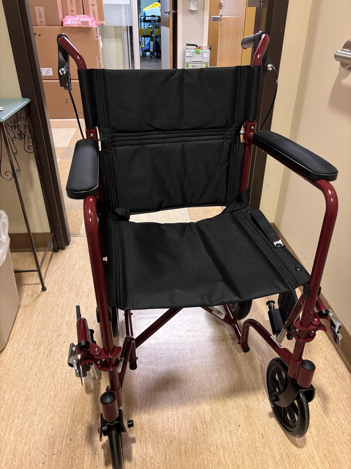 Medline Lightweight Foldable Transport Wheelchair with Handbrakes and 12-Inch Wheels, Blue Frame, Black Upholstery customer photo 1
