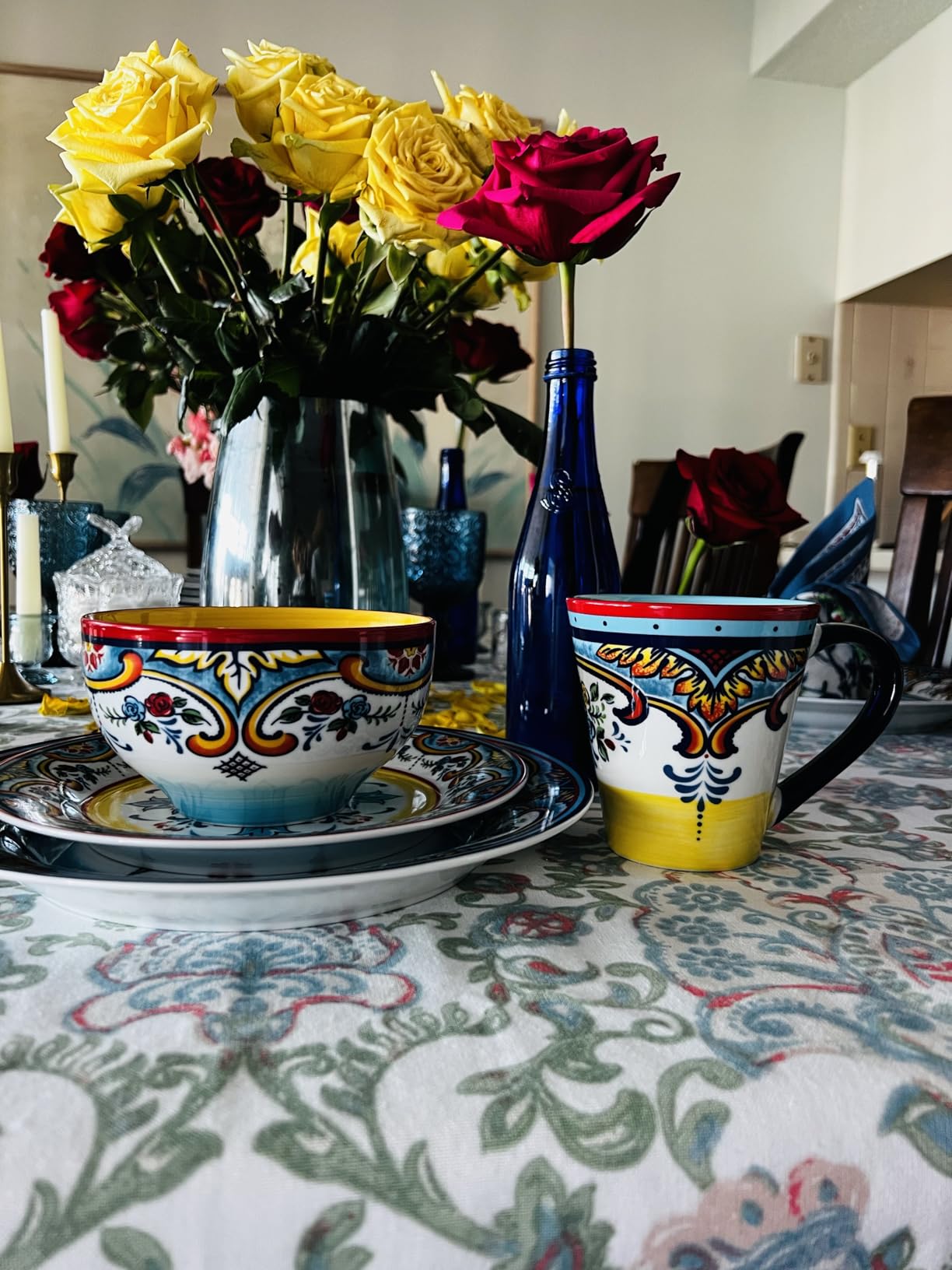 Euro Ceramica Zanzibar Collection 16 Piece Dinnerware Set Kitchen and Dining, Service for 4, Spanish Floral Design, Multicolor, Blue and Yellow customer photo 2