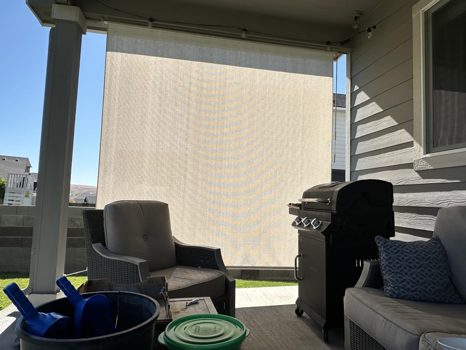 Coolaroo Outdoor Roller Shade with Wand - 95% UV Block Breathable Light Filtering Shade for Patio or Porch, Fade-Resistant, Easy-Clean Fabric, 8ft x 8ft, Pebble customer photo 1