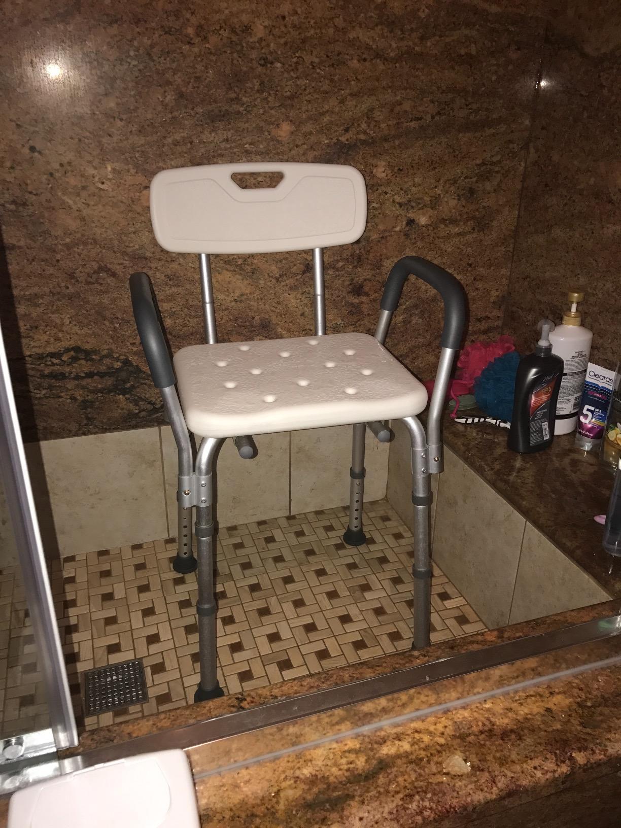 Drive Medical Shower Chair with Back & Padded Arms - Adjustable Height Bath Seat for Safety & Comfort - Lightweight Aluminum Construction- 350 Lb Capacity - White customer photo 1