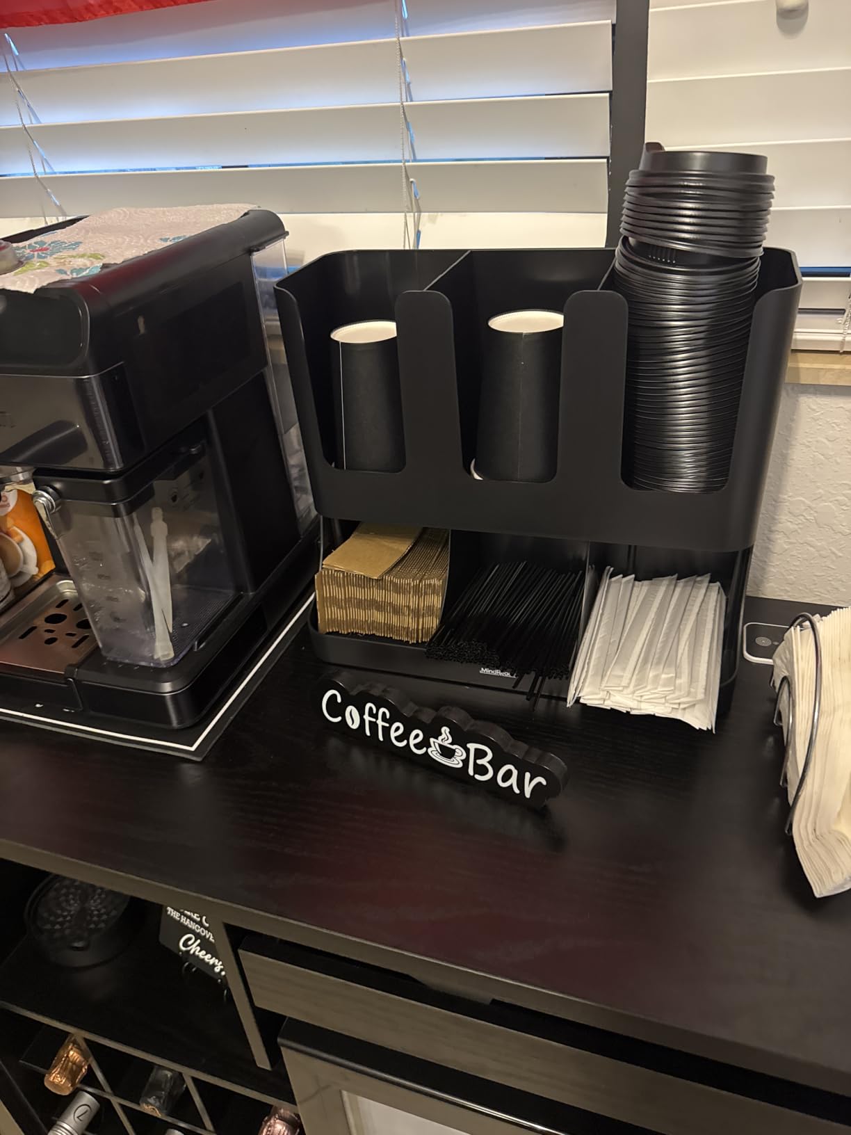 Mind Reader Condiment Station, 13 Inch Countertop Coffee Bar Organizer with 6 Compartments, Storage Caddy for Cups, Lids and Packets, Plastic, Black customer photo 1
