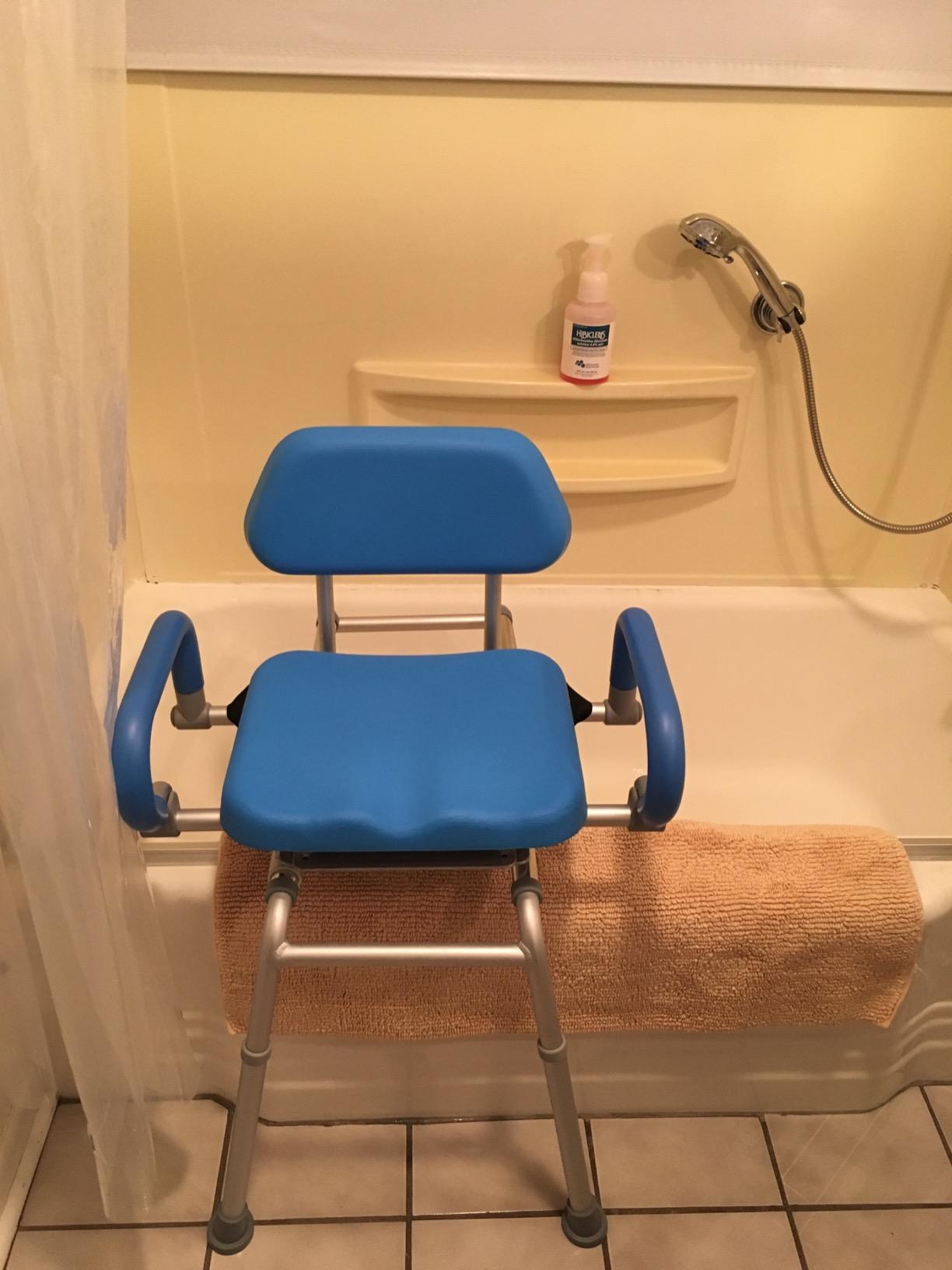 Platinum Health Carousel Sliding Shower Chair Tub Transfer Bench with Swivel Seat, Premium Padded, Pivoting Arms, Adjustable Space Saving Design for Tubs, Inside Shower, for Handicap & Seniors, Blue customer photo 2