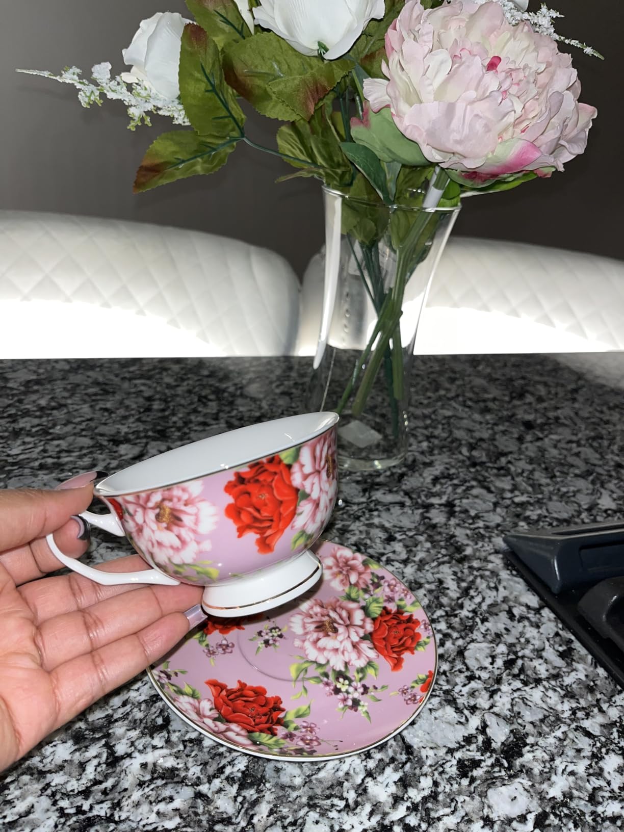 BTaT- Floral Tea Cups and Saucers, 8 oz, Set of 6, Fine Porcelain Teacup Set with Gold Trim for Afternoon Tea Weddings Parties Gifting Dishwasher Safe Lightweight Non Toxic customer photo 2