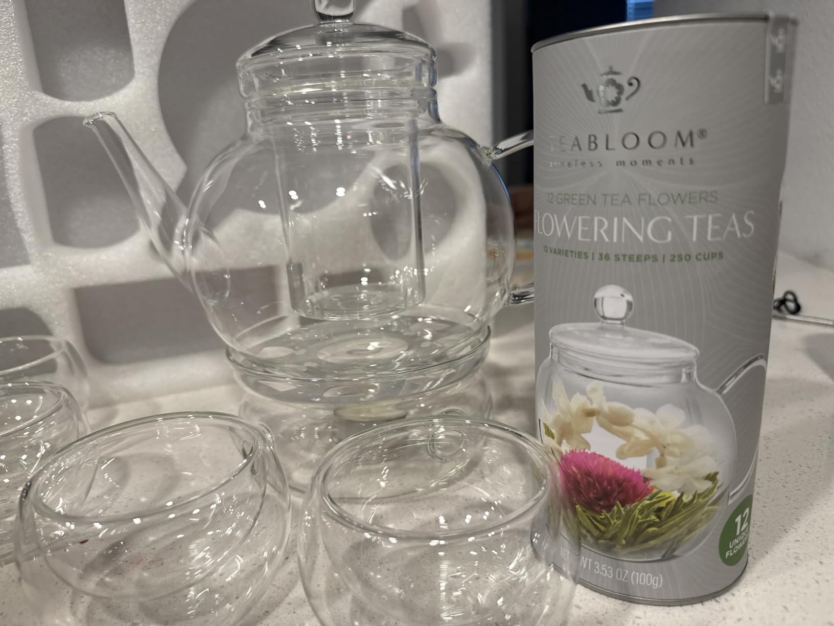 Teabloom Complete Glass Tea Set - Teapot (40 oz), Loose Tea Infuser, 4 Insulated Teacups, Tea Warmer with Candlelight, and 12 Flowering Teas - Elegant Blooming Tea Gift Set customer photo 1