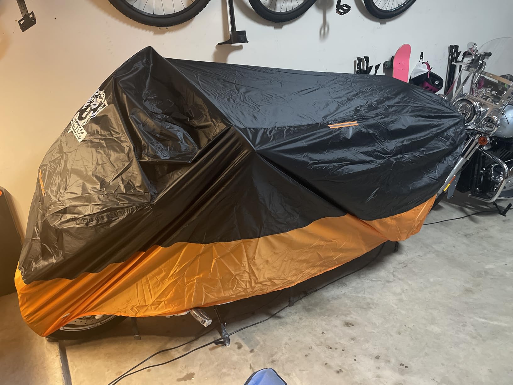 XYZCTEM Motorcycle Cover - All Season Waterproof Outdoor Protection | Fits up to 116 Inch Tour Bikes, Choppers and Cruisers - Protect Against Dust, Debris, Rain and Weather (Black& Orange) customer photo 2
