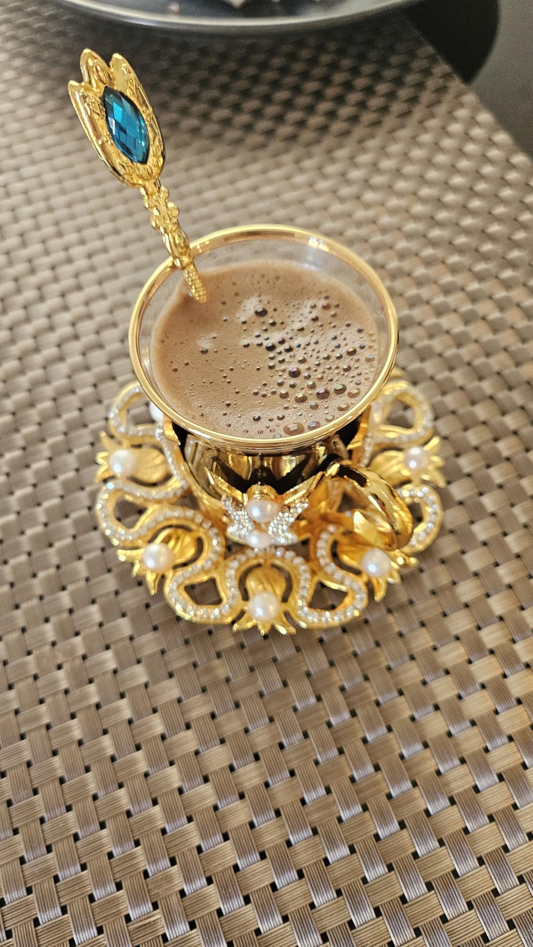 DEMMEX (Set of 6) Turkish Tea and Coffee Glasses Set with Metal Saucers, Holders and Spoons, Decorated with Crystals and Pearls, 24 Pcs, Gold, 3.3 Oz customer photo 2