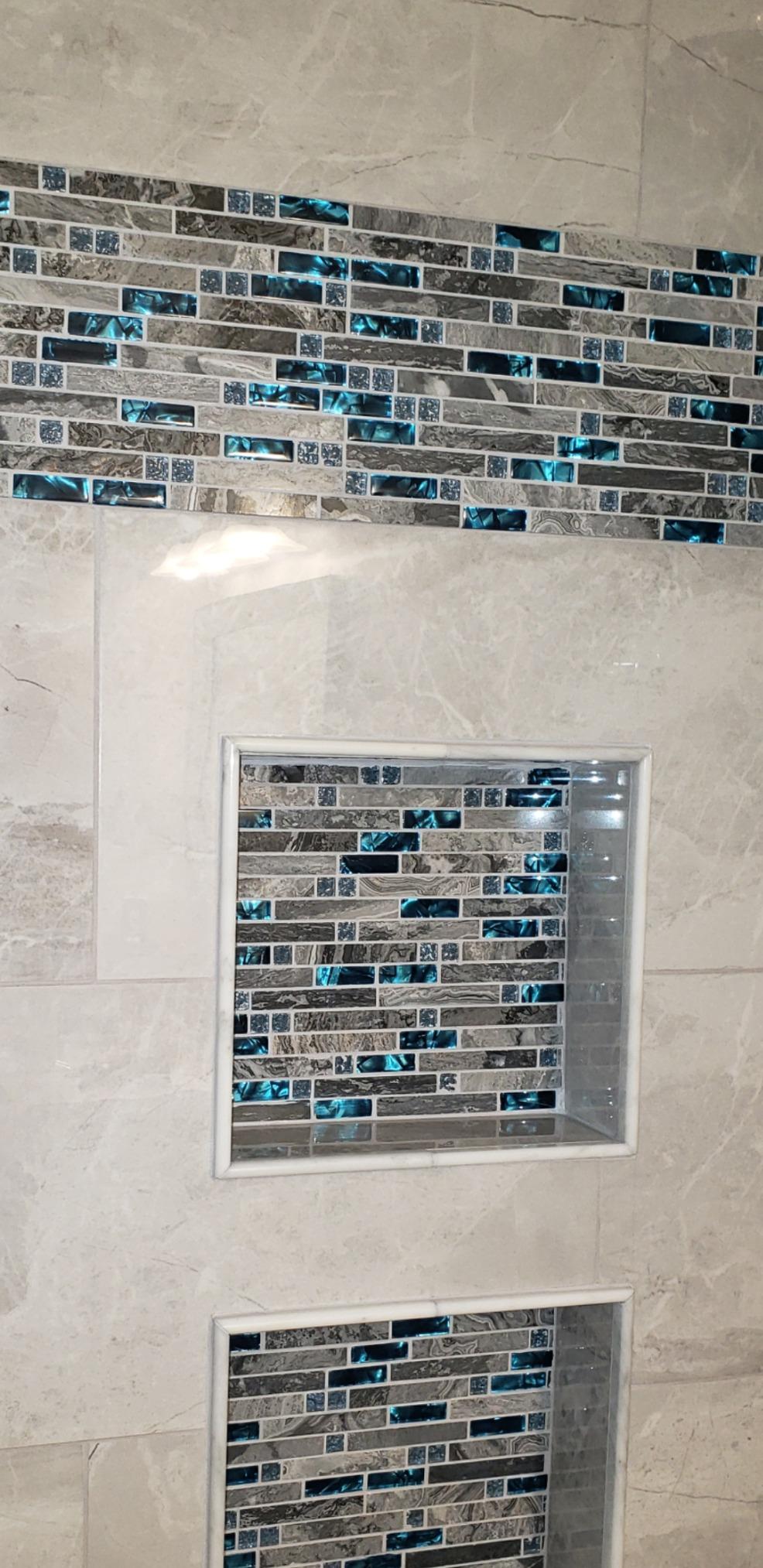 Blujellyfish Gray Marble Tile for Kitchen Backsplash 12 in. x 12 in. x 8 mm Teal Blue Glass Mosaic Bathroom Shower Wall Linear Tiles (Pack of 5 Sheets) customer photo 1