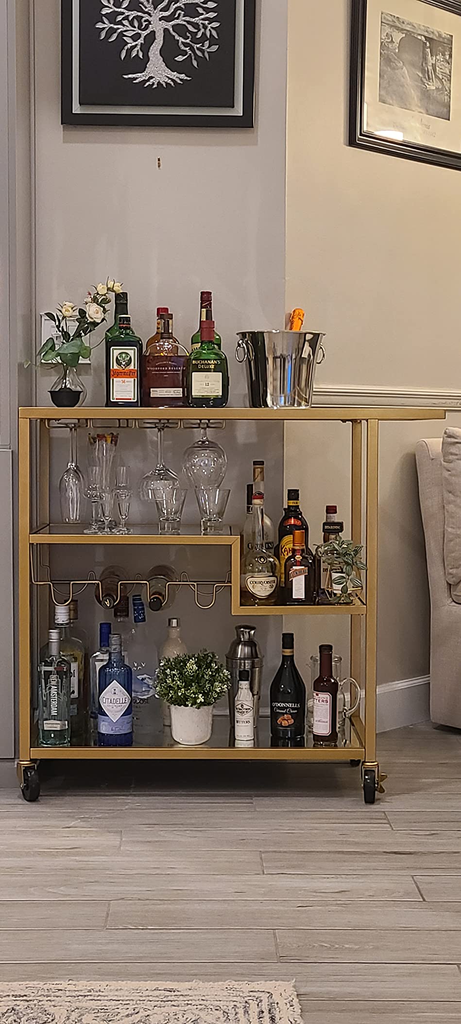 Acme 3 Tier Serving Cart Rolling Cart on Caster Wheel with Z Style Open Shelves Storage, 40''L x 16''W x 37''H, Home Kitchen Dinner Party Cart, Easy Assembly, Mirrored & Champagne Finish customer photo 2