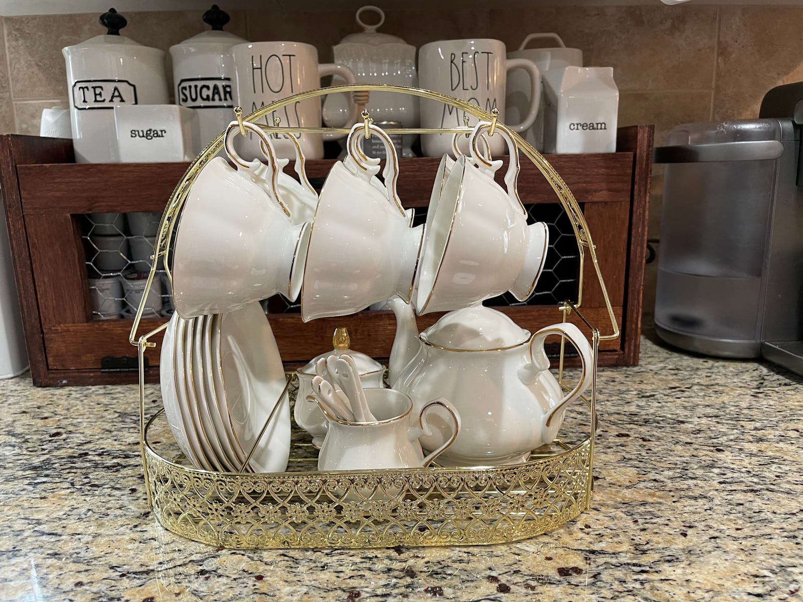 ufengke 15 Pieces Simple White English Ceramic Tea Sets, Tea Pot, Bone China Cups with Metal Holder Matching Spoons, Afternoon Tea Set Service Coffee Set customer photo 1