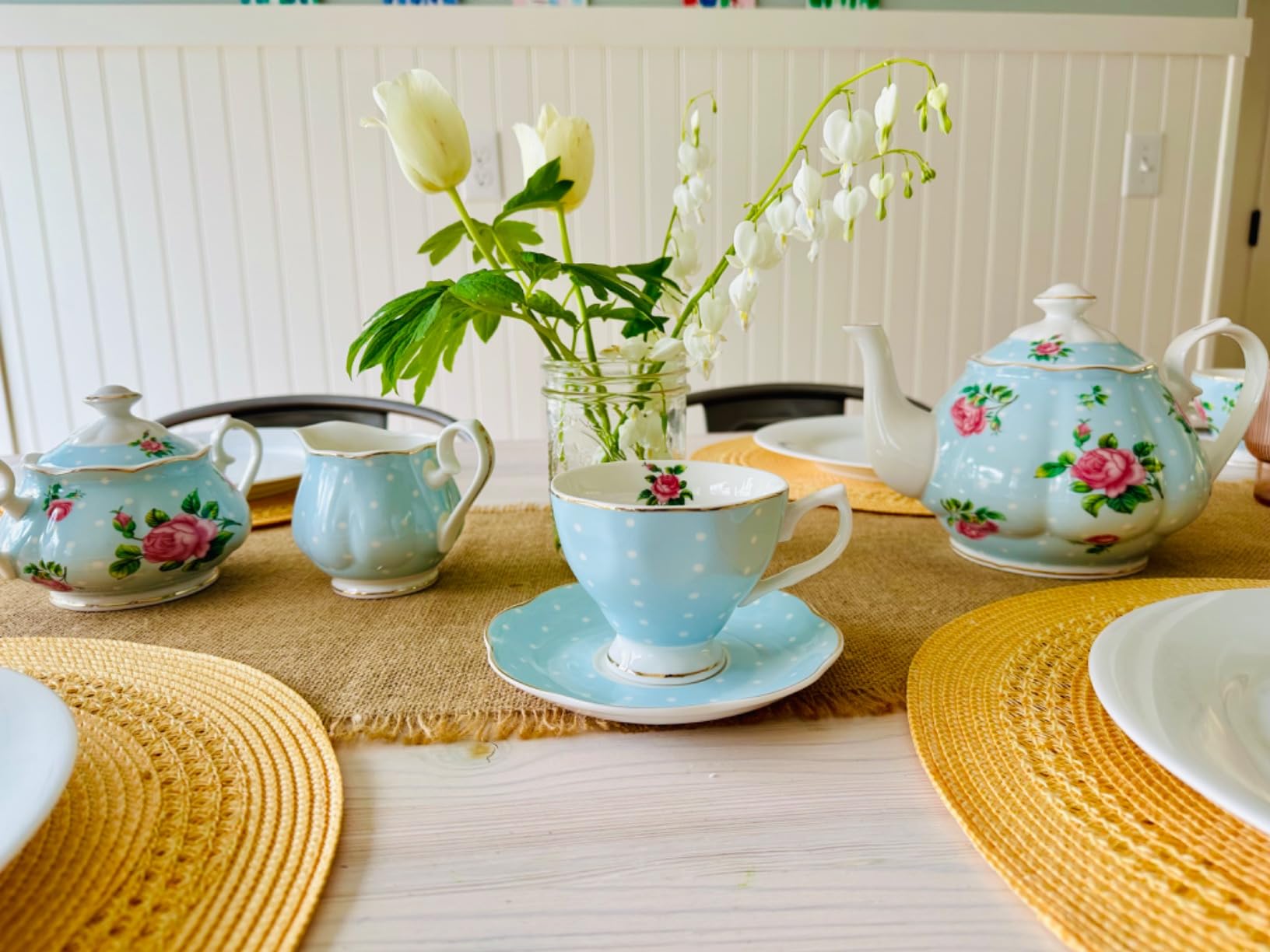 BTaT- Floral Tea Sets for Adults, 13 pcs, Service for 4, Pot (38 oz) & Cups (8 oz) with Saucers, Pastel Blue Floral Design, Porcelain Tea Set for Adult, Dishwasher Safe customer photo 2