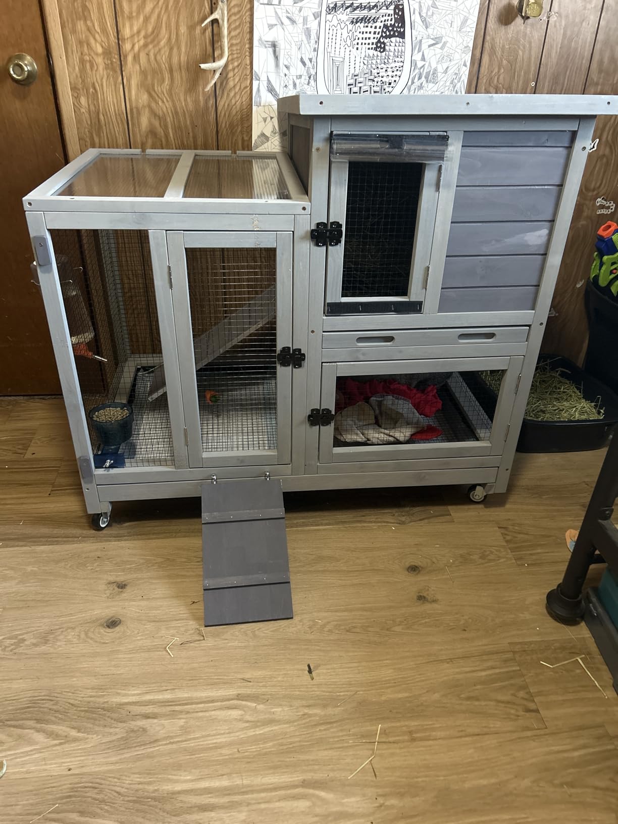 Aivituvin Rabbit Hutch, Indoor Bunny Cage with Run Outdoor Rabbit House with Two Deeper No Leak Trays - 4 Casters Include (Grey) customer photo 2