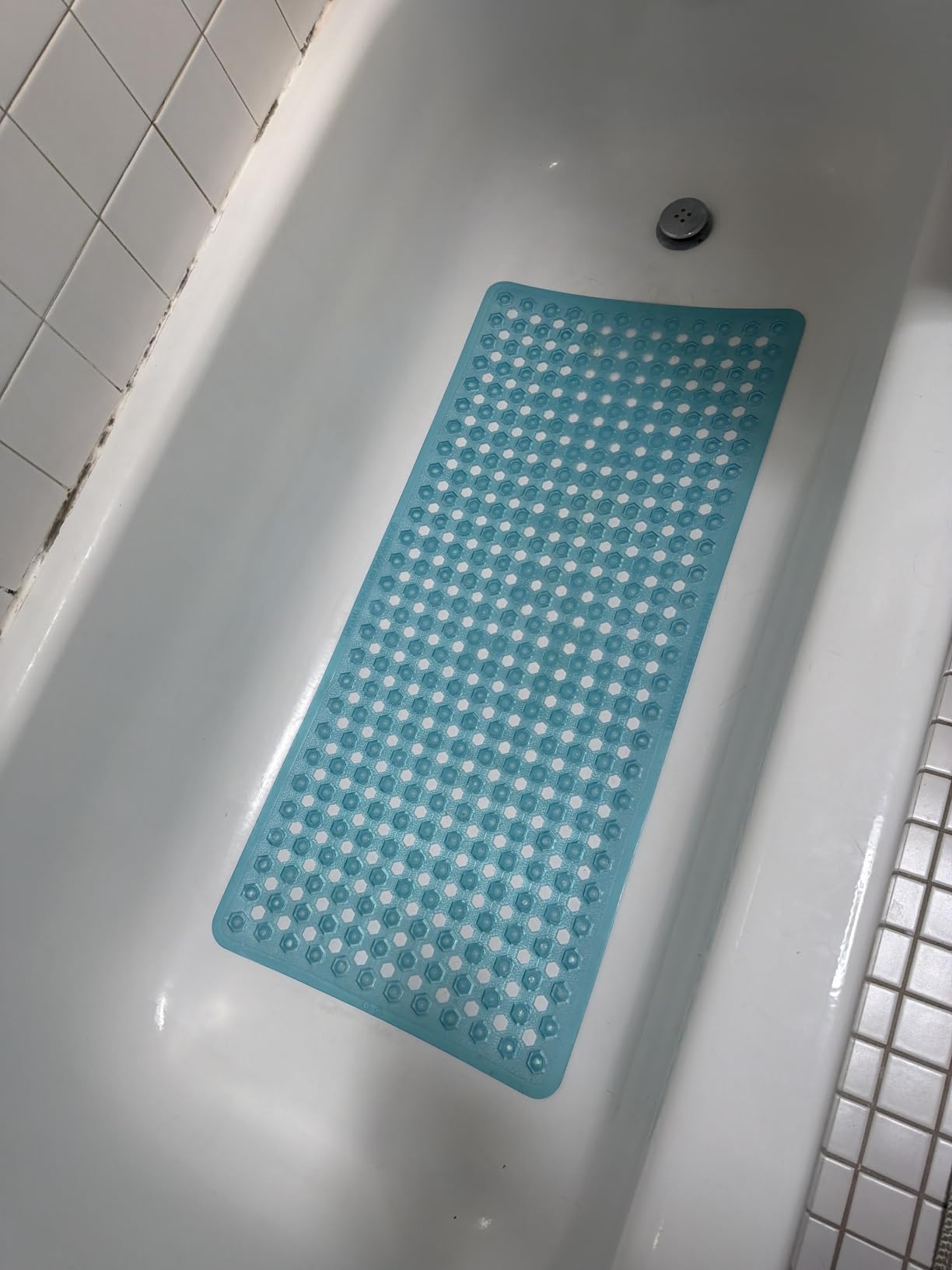 GORILLA GRIP Patented Bath Tub Shower Mat, Machine Washable Bathtub Floor Liner Mats, Suction Cups and Drain Holes to Keep Tubs Clean, Soft on Feet, Bathroom Essentials, 35x16 Inch, Sky Blue Opaque customer photo 2