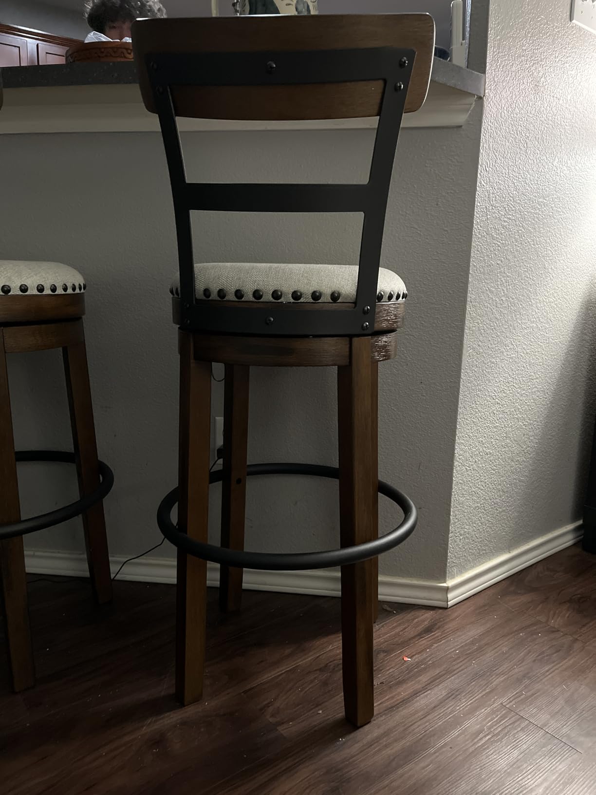 Signature Design by Ashley Valebeck Swivel Bar Stool with Back, 30 in | Wood & engineered wood, 360-degree swivel, Linen colored polyester, Rustic farmhouse style, 250 lb capacity customer photo 1