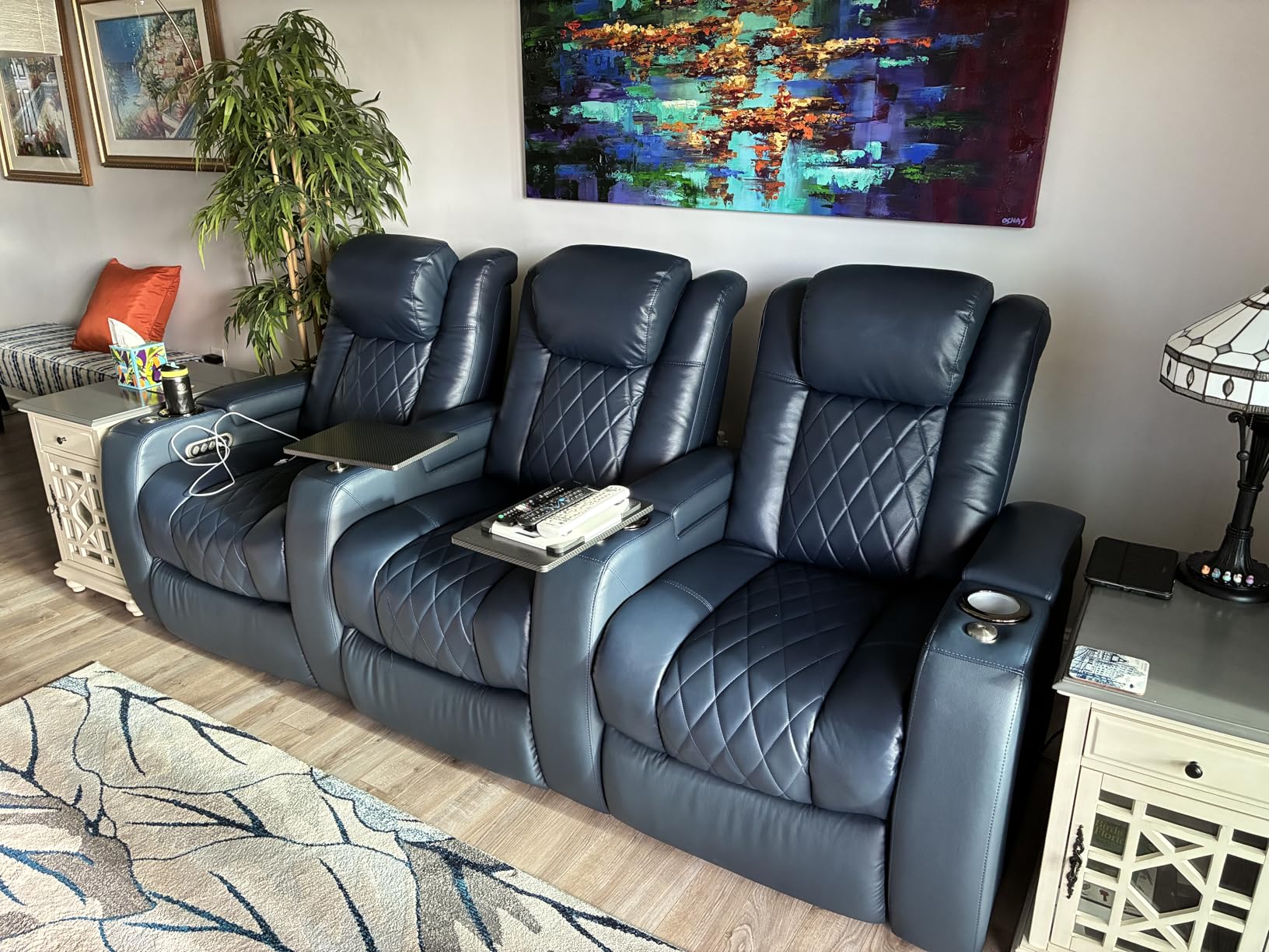 Valencia Tuscany Home Theater Seat - Nappa Leather Power Recliner with Cool Gel Memory Foam, USB-C/USB-A Charging, RGB LED Lights, Adjustable Lumbar & Headrest (Row of 2 Loveseat, Black) customer photo 1