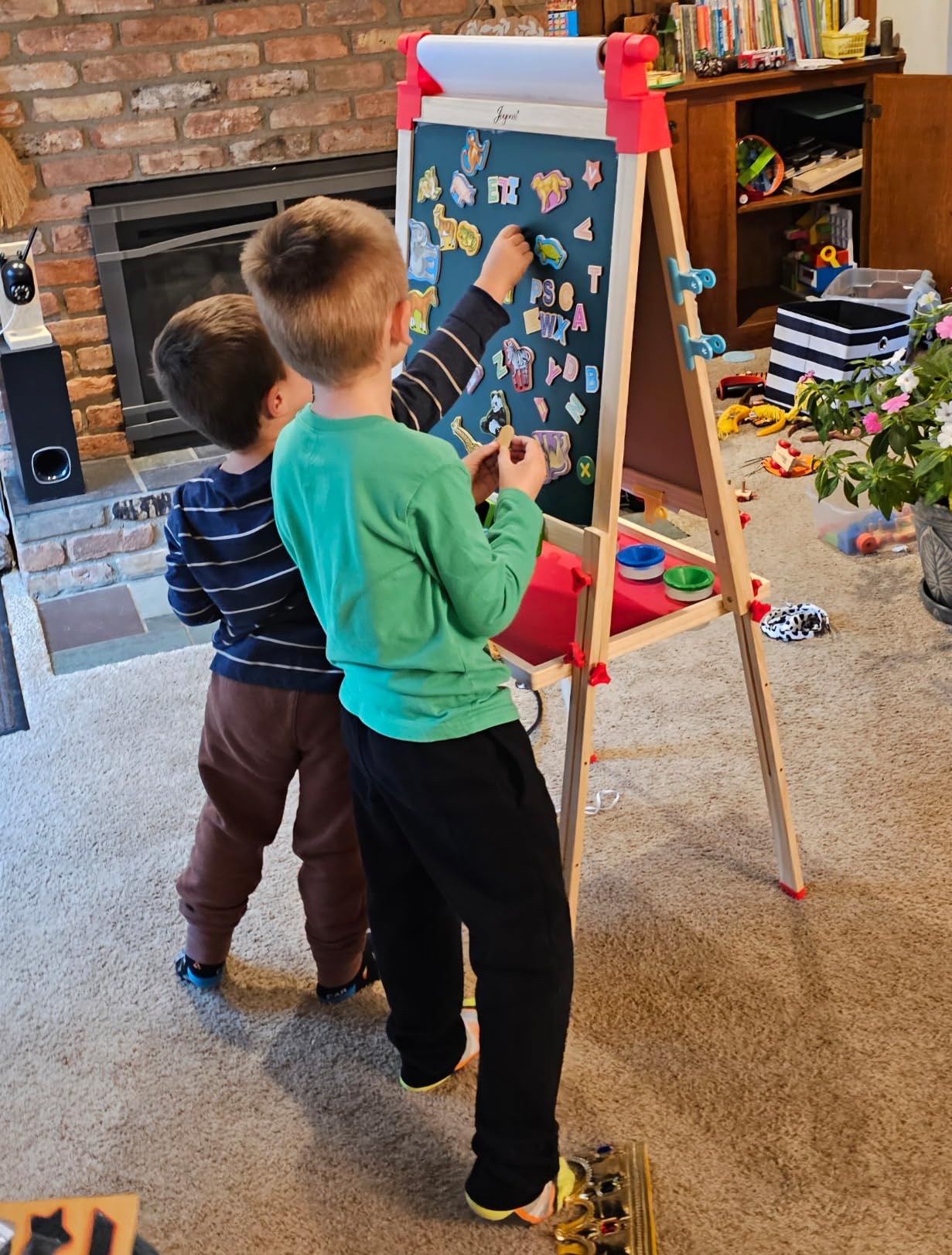 JOYOOSS Kids Wooden Easel with Paper Roll - Adjustable Magnetic Double Sided Drawing Board Whiteboard & Chalkboard Dry Easel Board,Children Art Easel for 3~12 Years Kids Boys Girls Painting Drawing customer photo 2