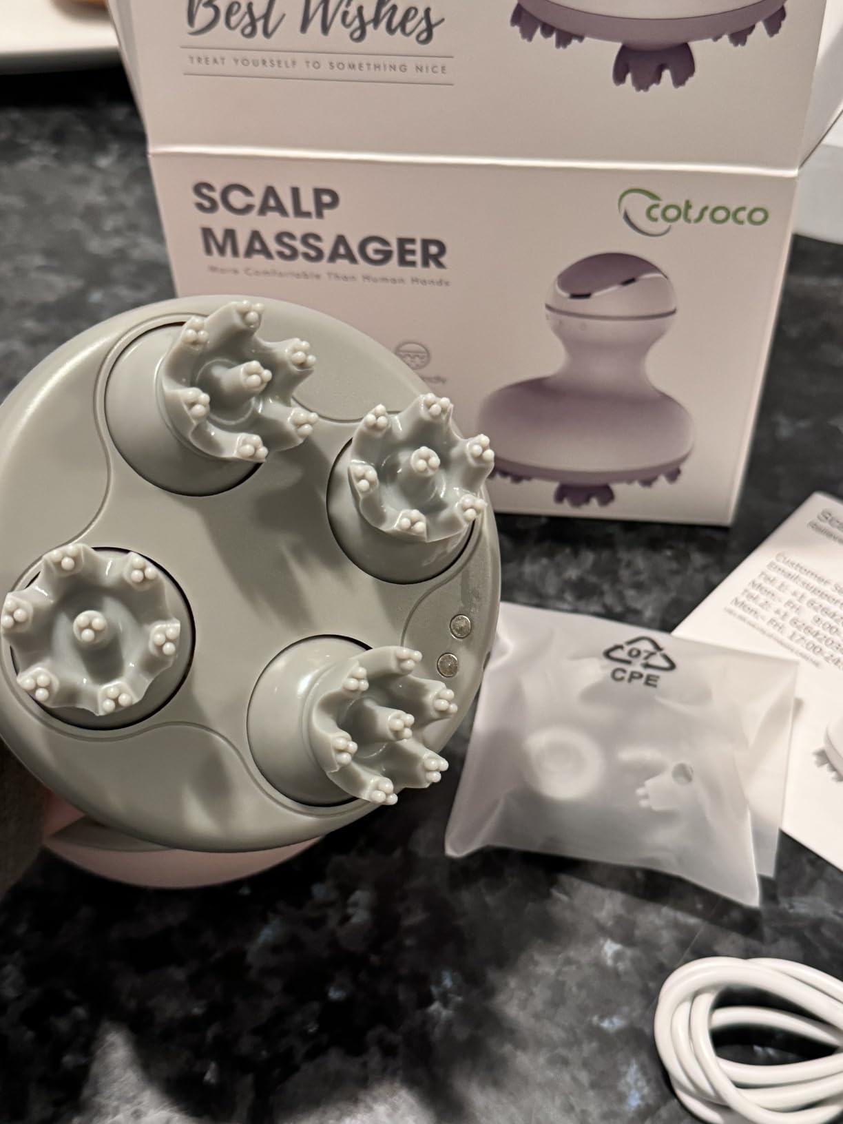 cotsoco Electric Scalp Head & Back Massager, Cordless Hair Massage Waterproof Head Massager with 4 Heads 84 Nodes for Hair Growth, Stress Relief & Deep Clean, Gifts for Men Women, White customer photo 2