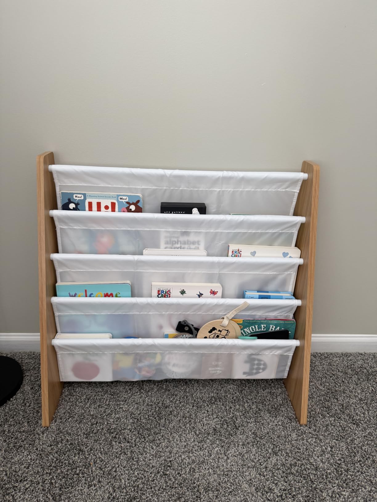 Humble Crew Kids Bookshelf, Montessori Front Facing Toddler Bookcase 4 Tier | Book display rack and reading nook organizer, nylon pockets show covers face out, compact for any playroom or bedroom space customer photo 2