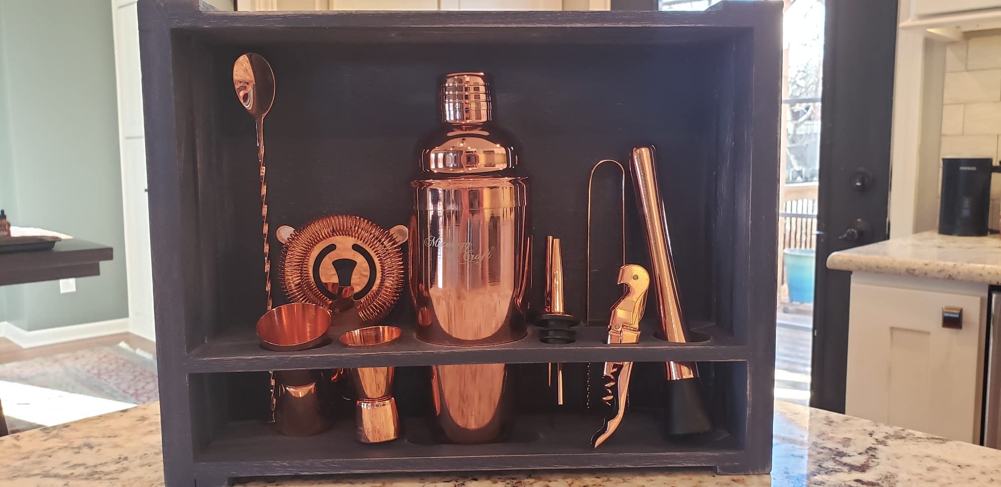 Mixology & Craft Rustic Cocktail Shaker Set - Includes Wood Stand, Complete Barware Kit with 24 Oz Shaker, Dual Jiggers, Pourers, Muddler, Strainer - Perfect for Home Bartenders (Copper) customer photo 1