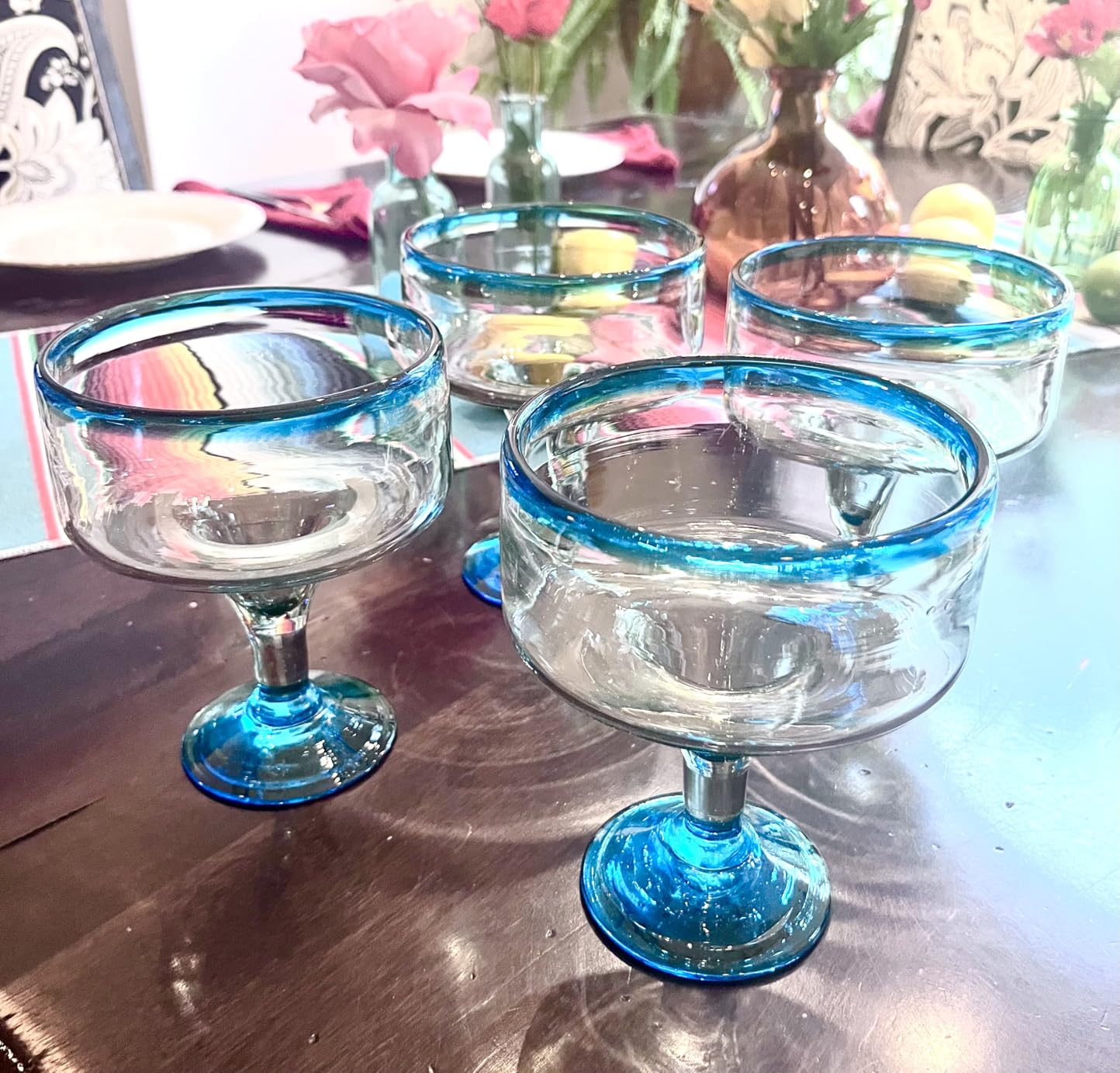 Mexican Hand Blown Glass - Set of 4 Hand Blown Margarita Glasses (16 oz) with Aqua Blue Rims customer photo 2