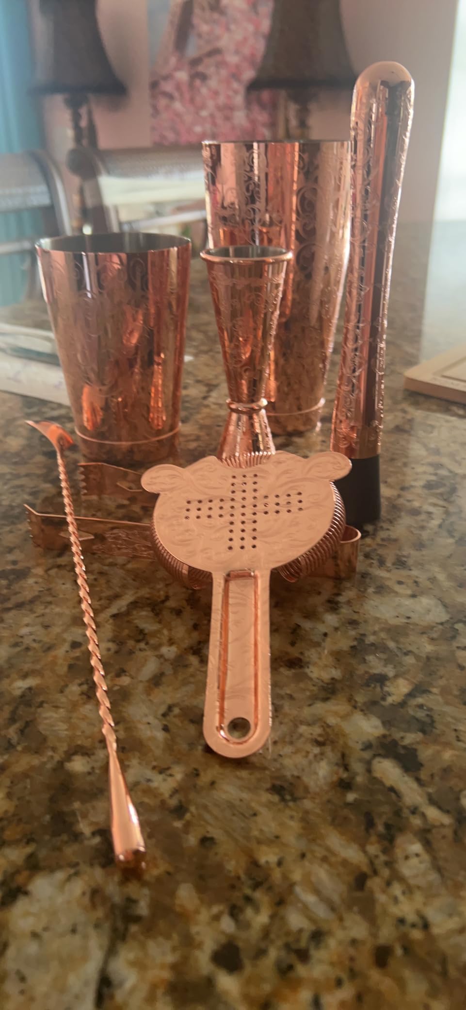 Sky Fish Bartender Kit Cocktail Shaker Set-6 Pieces Stainless Steel Copper Plated Etching Bar Tools with Boston Shaker Tins,Mixing Spoon,Mojito Muddler,Jigger,Hawthorne Strainer,Ice Tongs customer photo 1