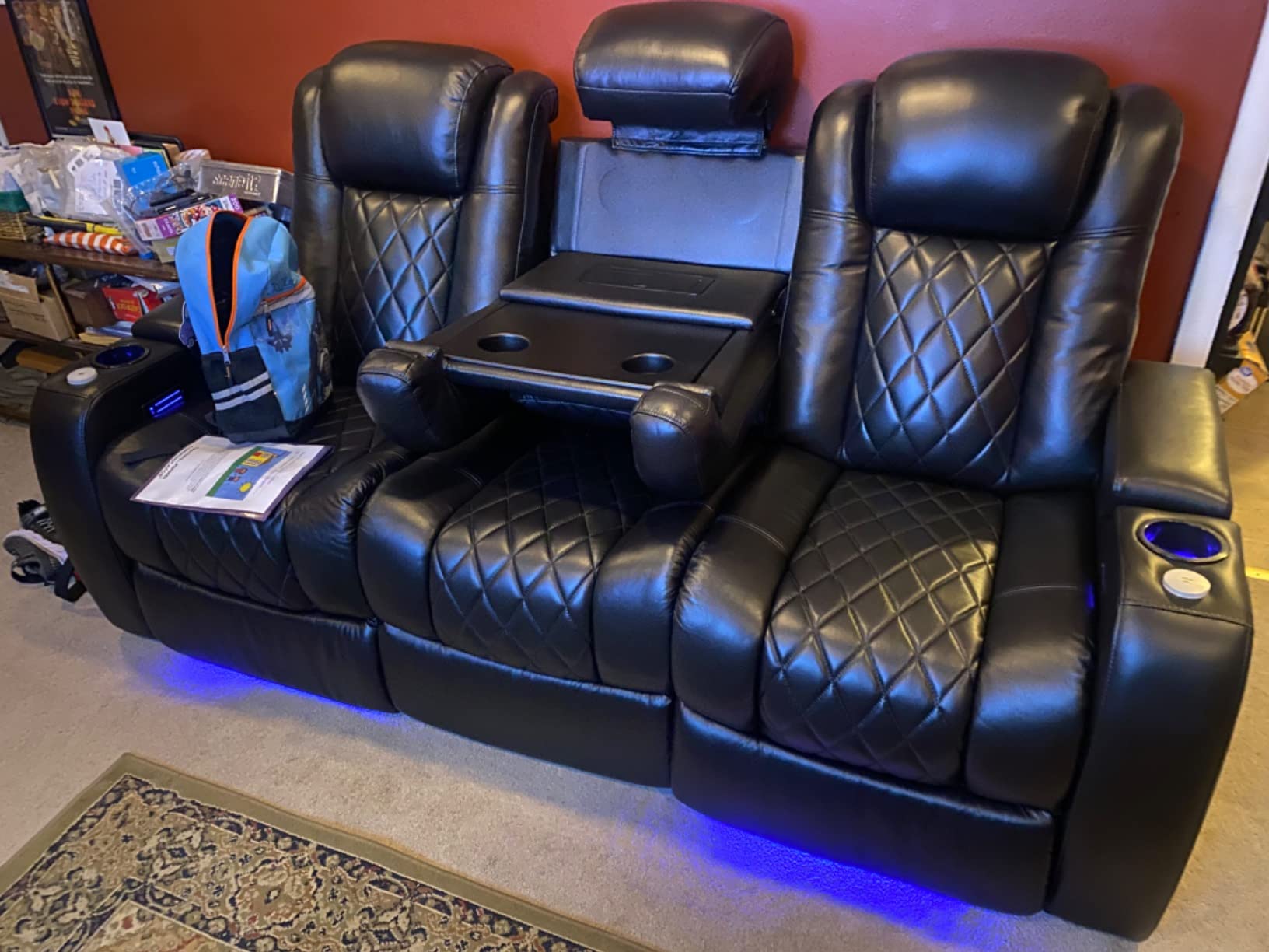 Valencia Home Theater Seating Tuscany 2025 3-Seat Power Recliner with Center Console - Top Grain Nappa 11000 Leather, Cool Gel Memory Foam, USB-C/A Charging, RGB Lights (Midnight Black) customer photo 2