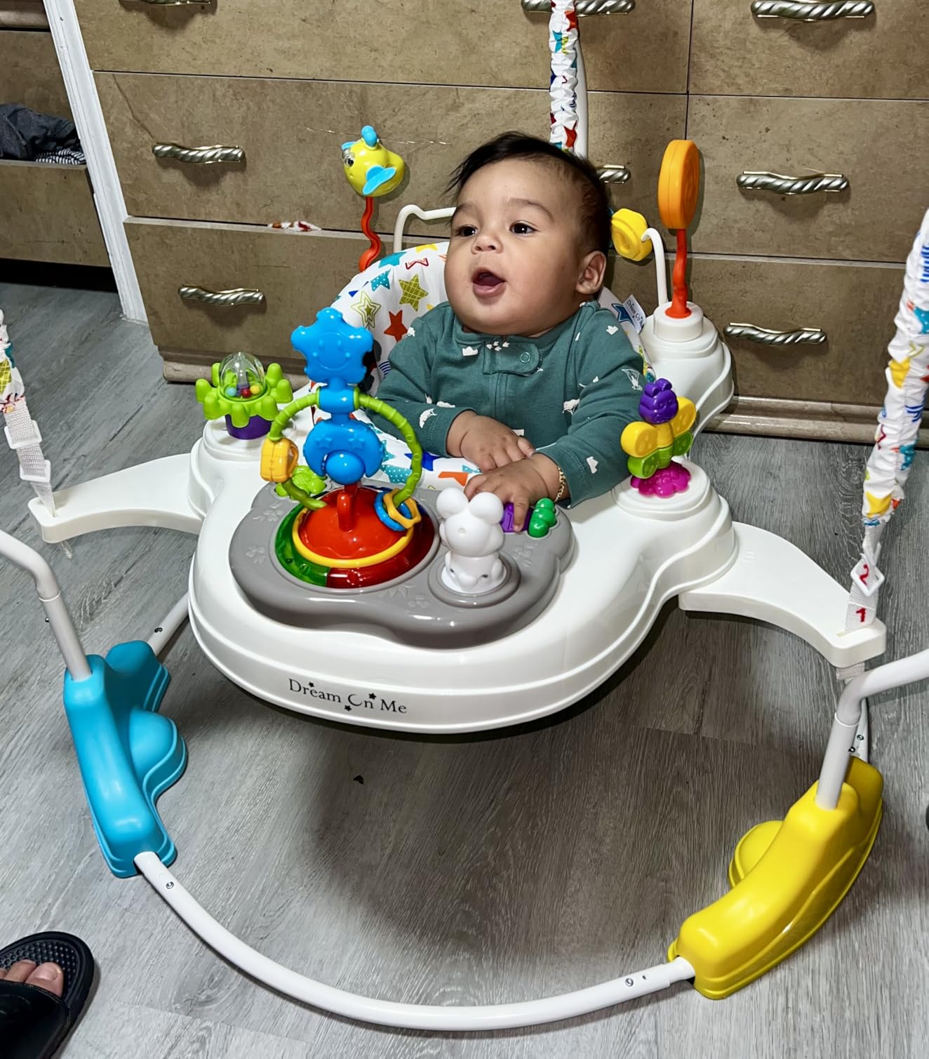 Dream On Me 2-in-1 Baby Activity Center & Bouncer Jumper, 360 Rotating Seat, 3-Height Adjustable, 12 Melodies with Lights & Interactive Toys, Promotes Early Development - Star Print customer photo 2