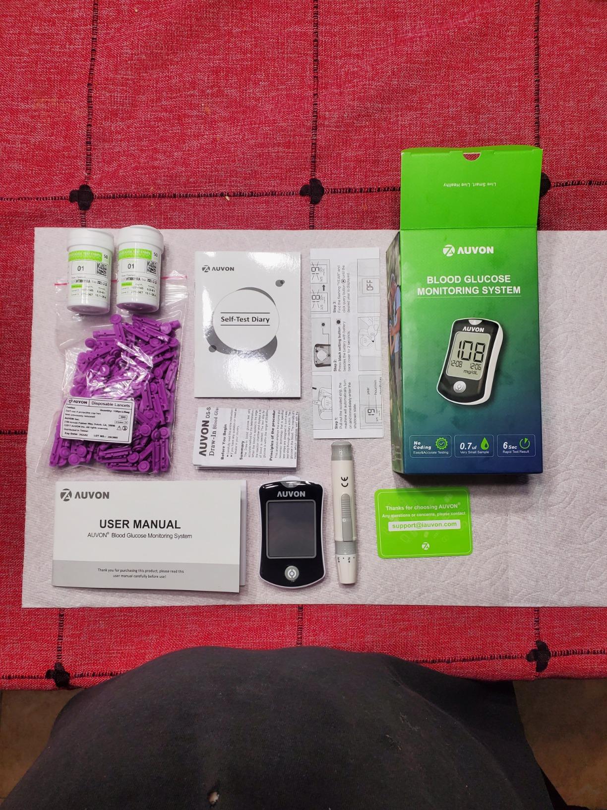 AUVON Blood Glucose Monitor Kit for Accurate Test, 100 Strips, No Coding | Diabetes Testing Kit with 100 Glucometer Strips, 100 30G Lancets and Lancing Devices, DS-W Portable Sugar Test Kit customer photo 2