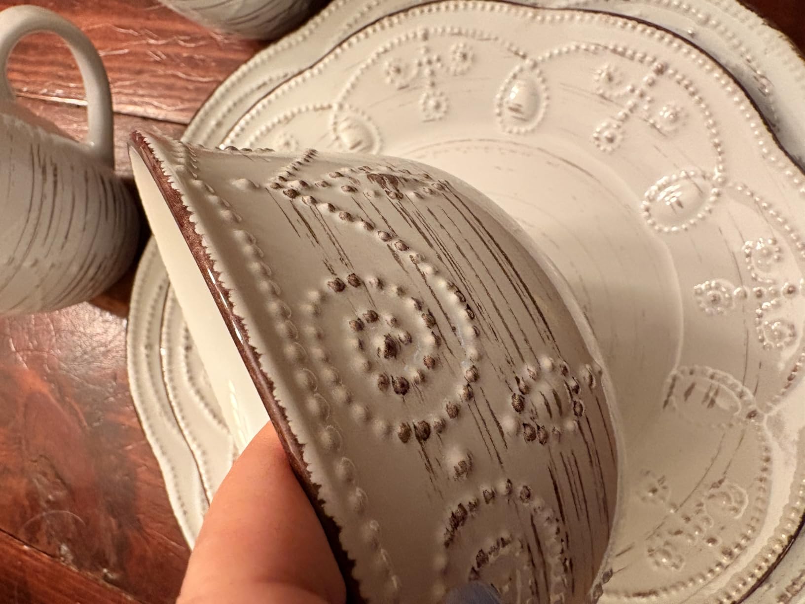 Elama Rustic Birch 16 Piece Embossed Scalloped Stoneware Round Dinnerware Set in White with Brown Accents customer photo 1