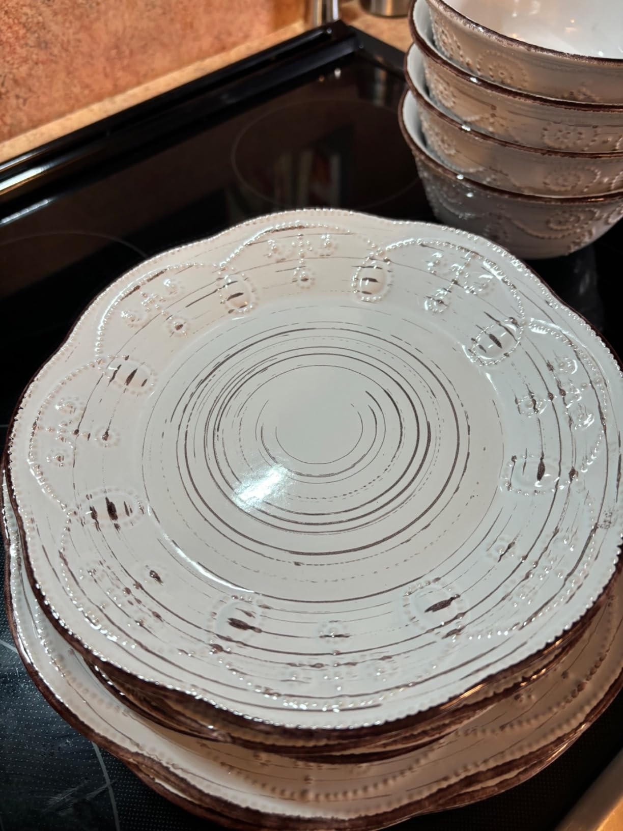 Elama Rustic Birch 16 Piece Embossed Scalloped Stoneware Round Dinnerware Set in White with Brown Accents customer photo 2