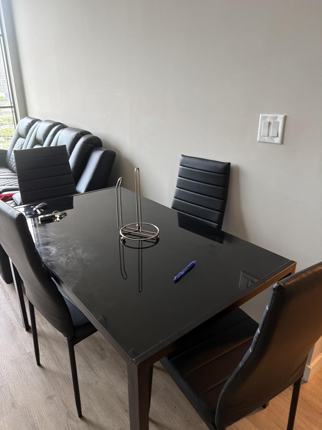 FDW 5-Piece Dining Table Set Black Glass Kitchen Table with 4 Upholstered Chairs and Faux Leather Cushions, Space-Saving Modern Design customer photo 1